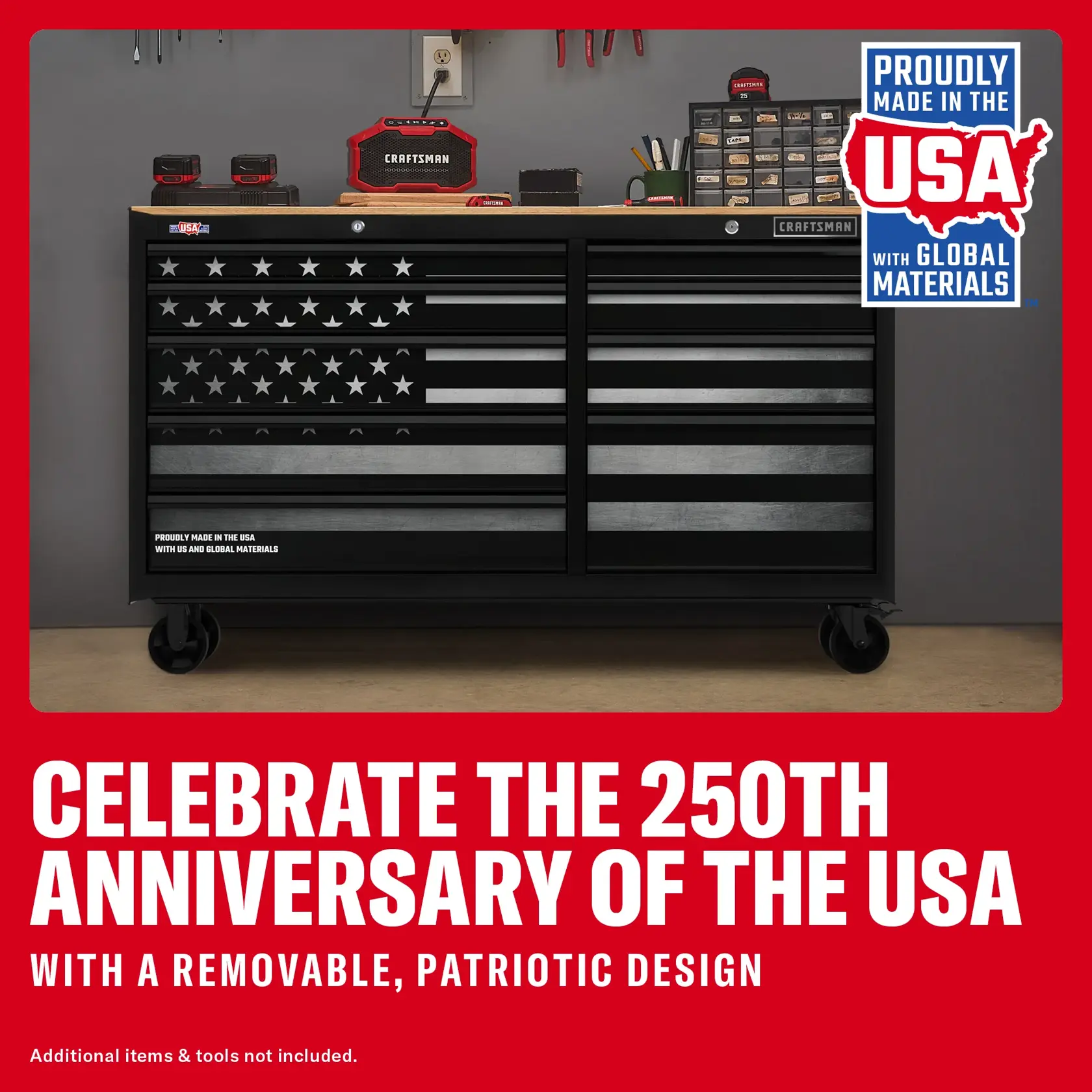 Craftsman CMST98285P graphics tool chest with USA flag design, black drawers, side angle, workshop background.