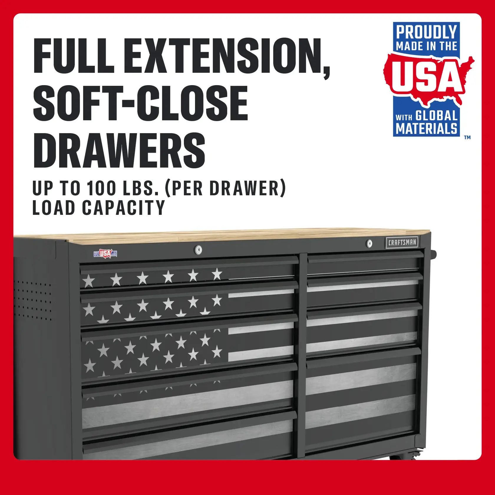 Craftsman CMST98285P tool chest with American flag design, wood top, full extension drawers, front angle.