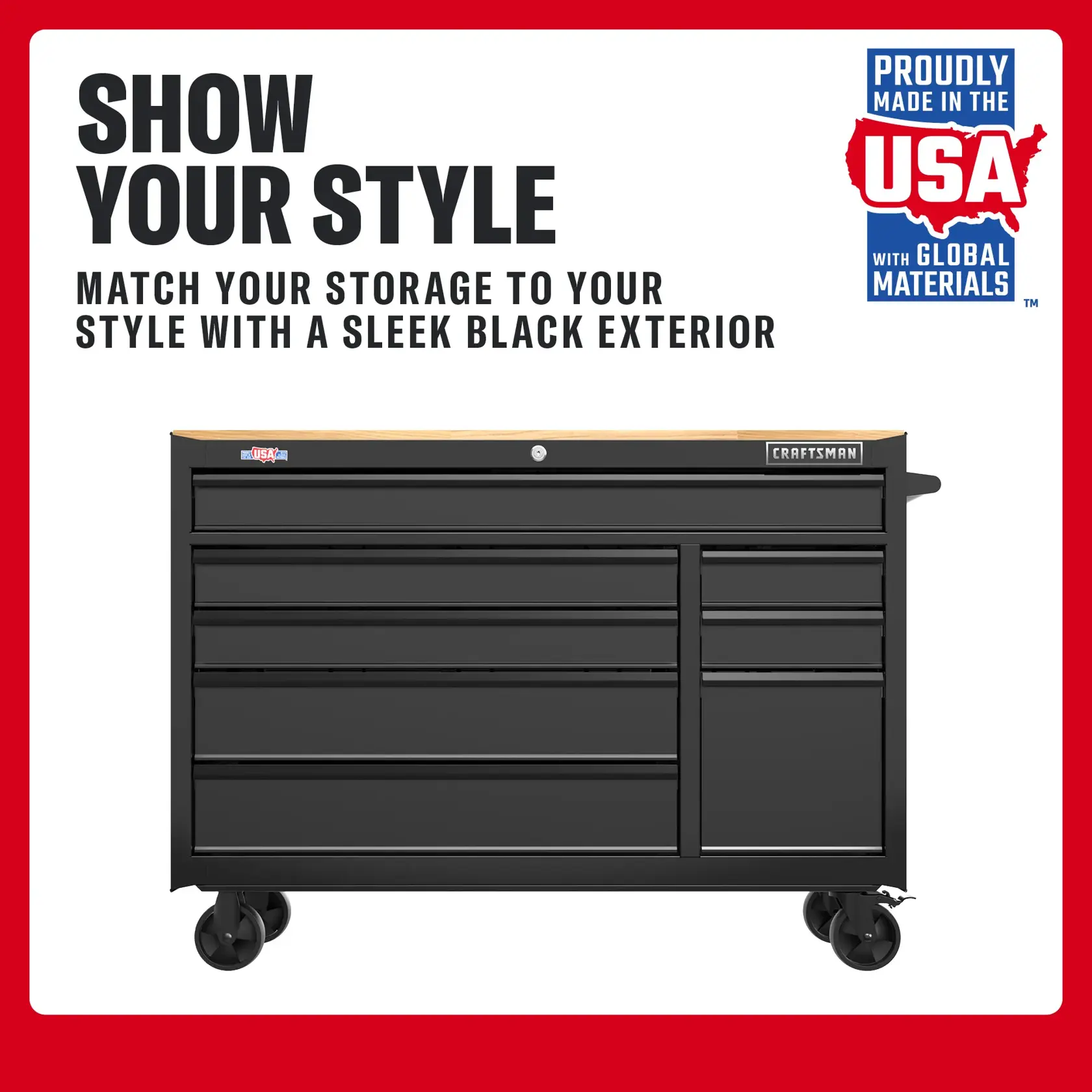 Black CRAFTSMAN rolling tool chest with drawers, wood top, and USA made label on a red-bordered background.