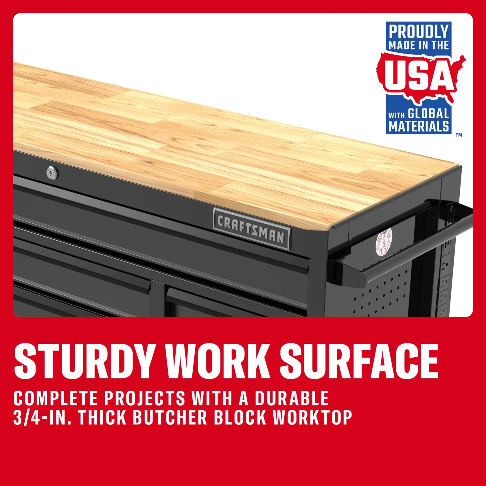 Black tool chest with thick butcher block wood worktop, CRAFTSMAN logo, made in the USA.