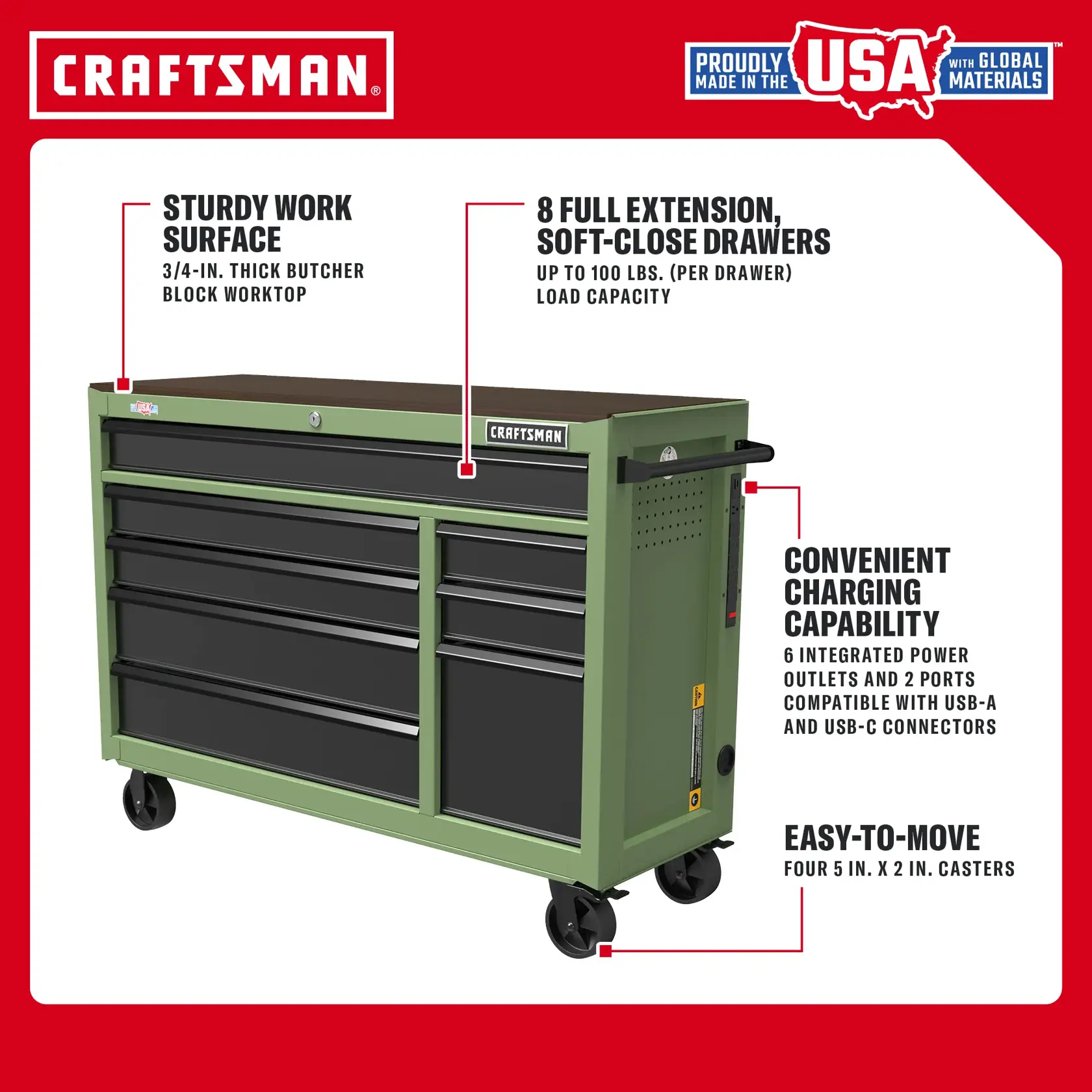 Green CRAFTSMAN tool chest with 8 drawers, butcher block top, power outlets, USB ports, and wheels for mobility.