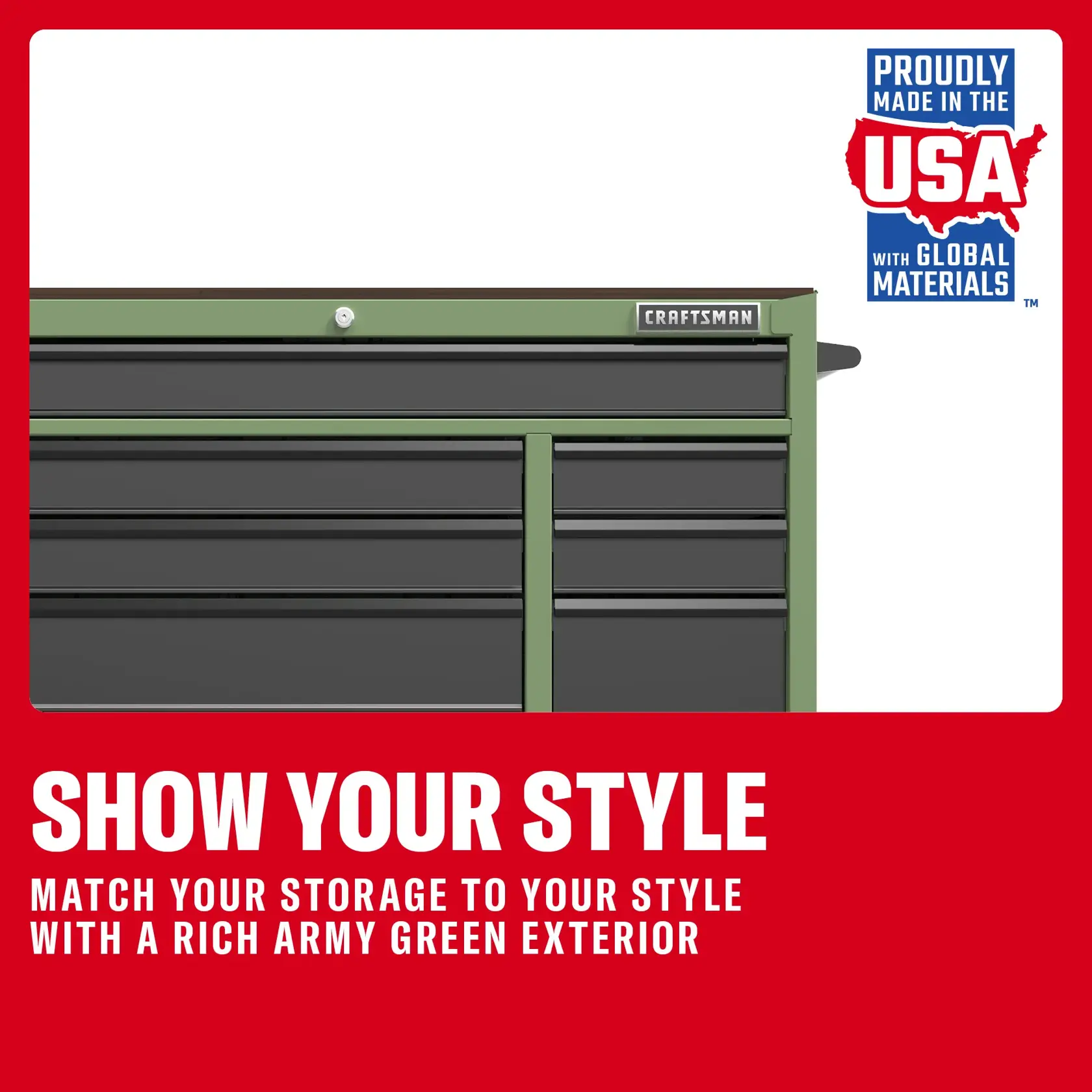 CRAFTSMAN storage chest with army green and black finish, USA-made with global materials badge in top right.