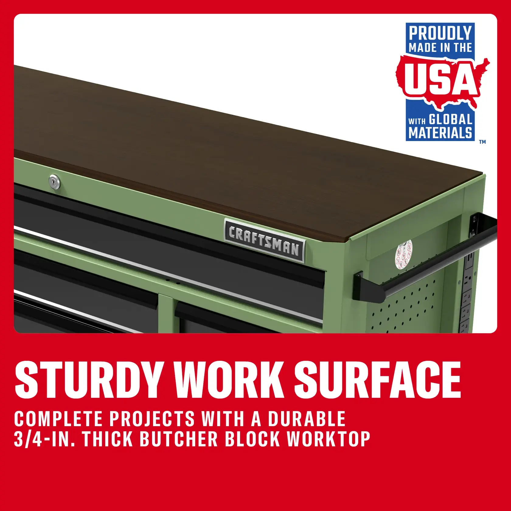 Green CRAFTSMAN tool chest with a sturdy 3/4-inch thick butcher block worktop, made in the USA.