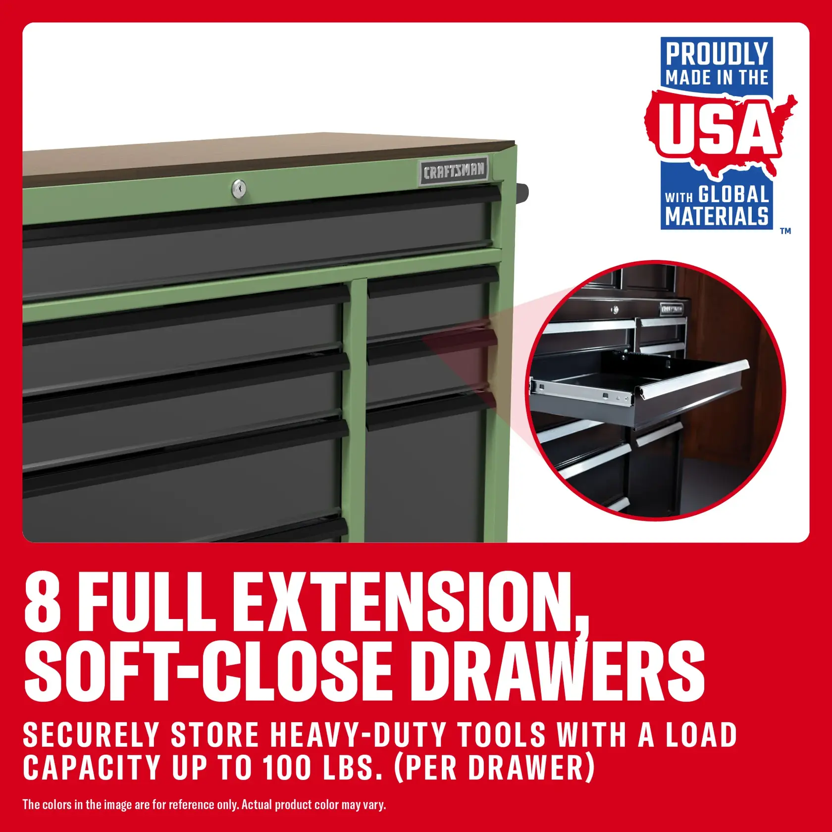 CRAFTSMAN tool chest with 8 full extension drawers, soft-close feature, stores heavy tools, USA made label shown.