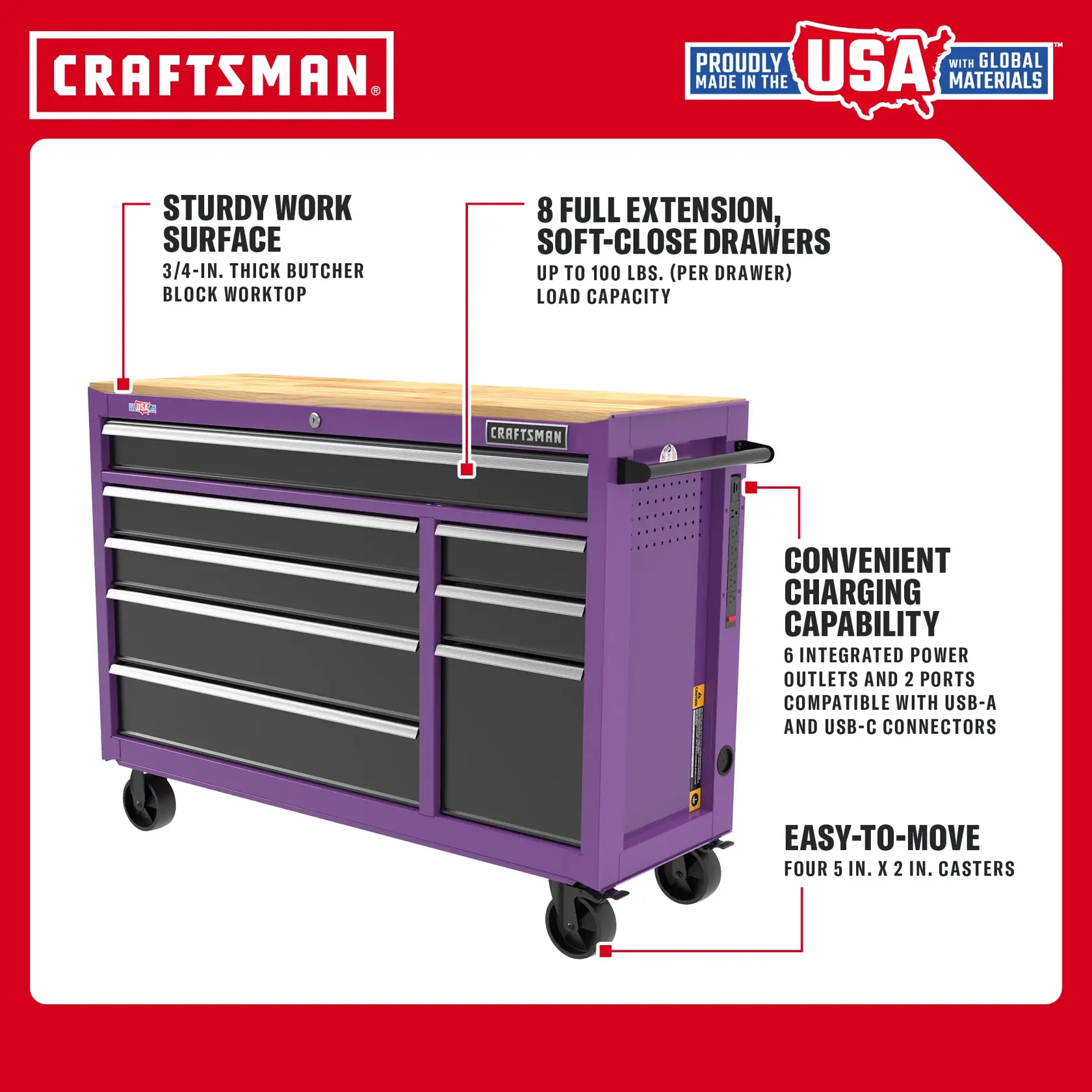 Purple CRAFTSMAN workbench with 8 drawers, butcher block top, power outlets, USB ports, and caster wheels.