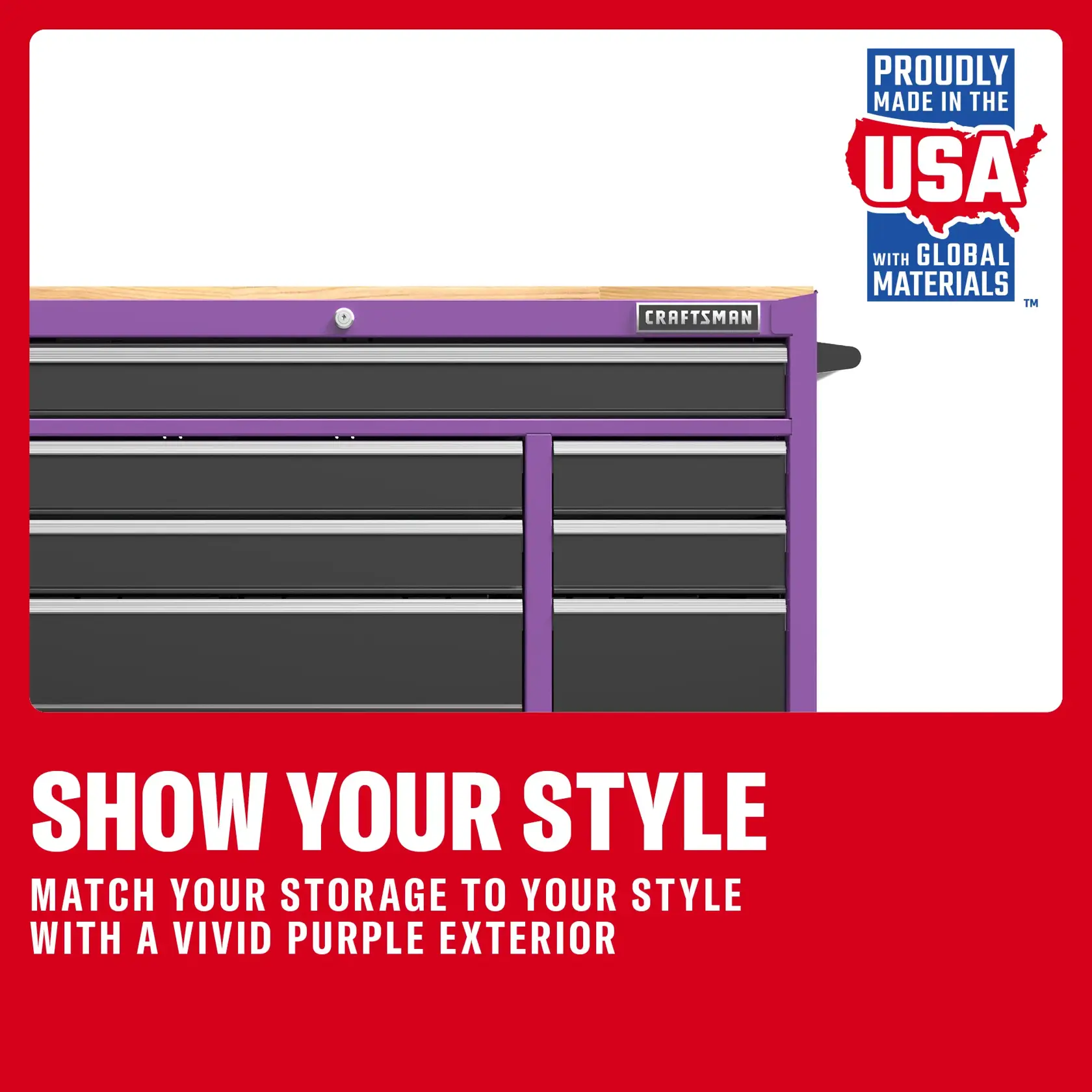 Purple CRAFTSMAN tool chest with multiple drawers, made in USA with global materials, stylish storage.