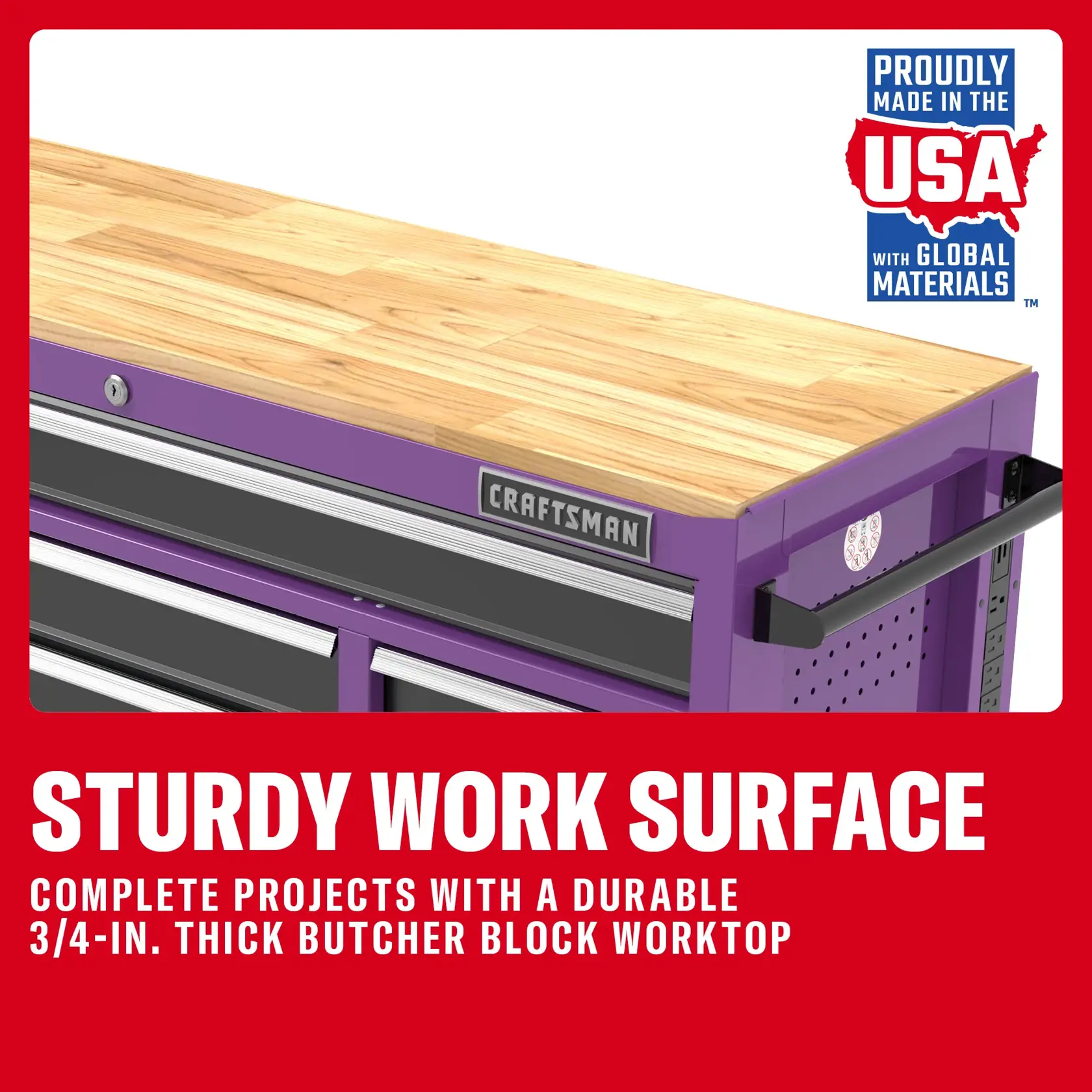 CRAFTSMAN workbench with sturdy 3/4-inch butcher block top; made in USA with global materials.