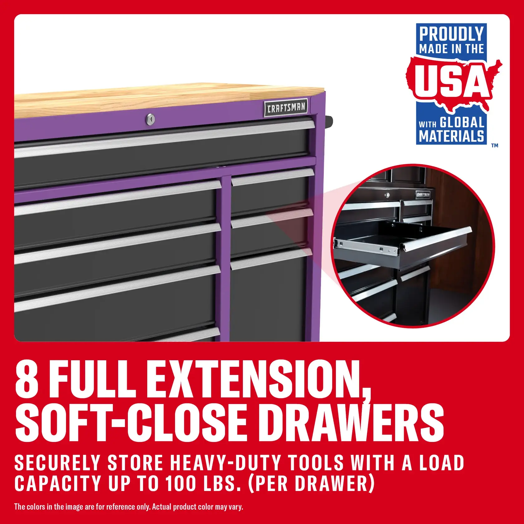 CRAFTSMAN tool chest with 8 full extension, soft-close drawers, wood top, USA made, holds up to 100 lbs per drawer.