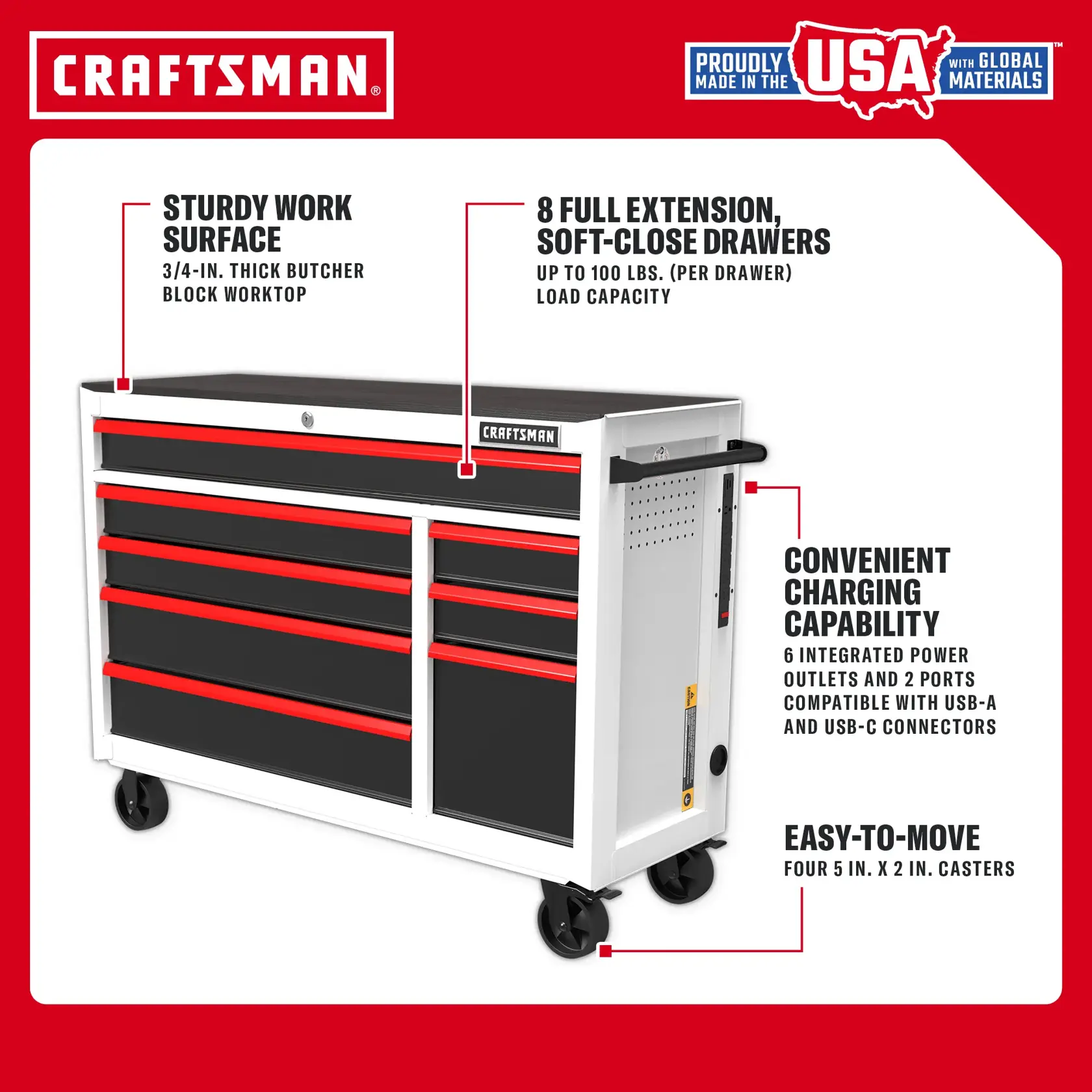 CRAFTSMAN workbench with 8 drawers, power outlets, USB ports, butcher block top, and wheels for easy movement.