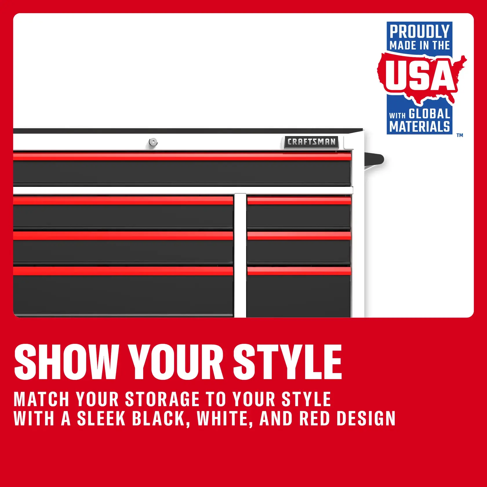 Craftsman tool chest with black, white, and red design. Made in USA with global materials.
