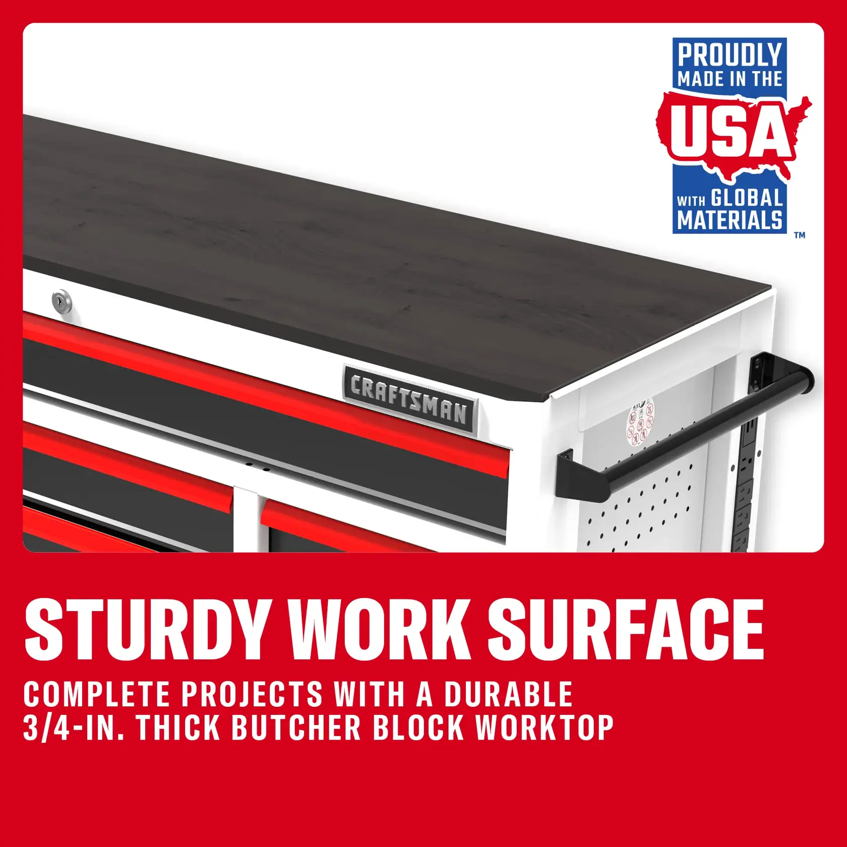 CRAFTSMAN tool chest with a sturdy 3/4-inch butcher block worktop, made in the USA with global materials.