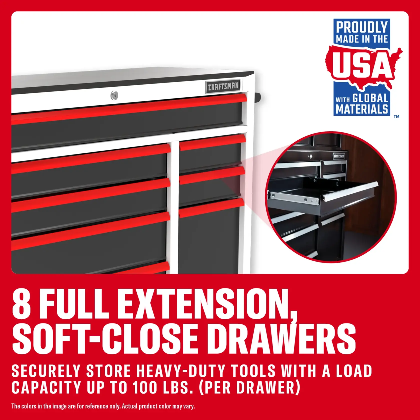 CRAFTSMAN tool chest with 8 full-extension soft-close drawers, load up to 100 lbs per drawer.