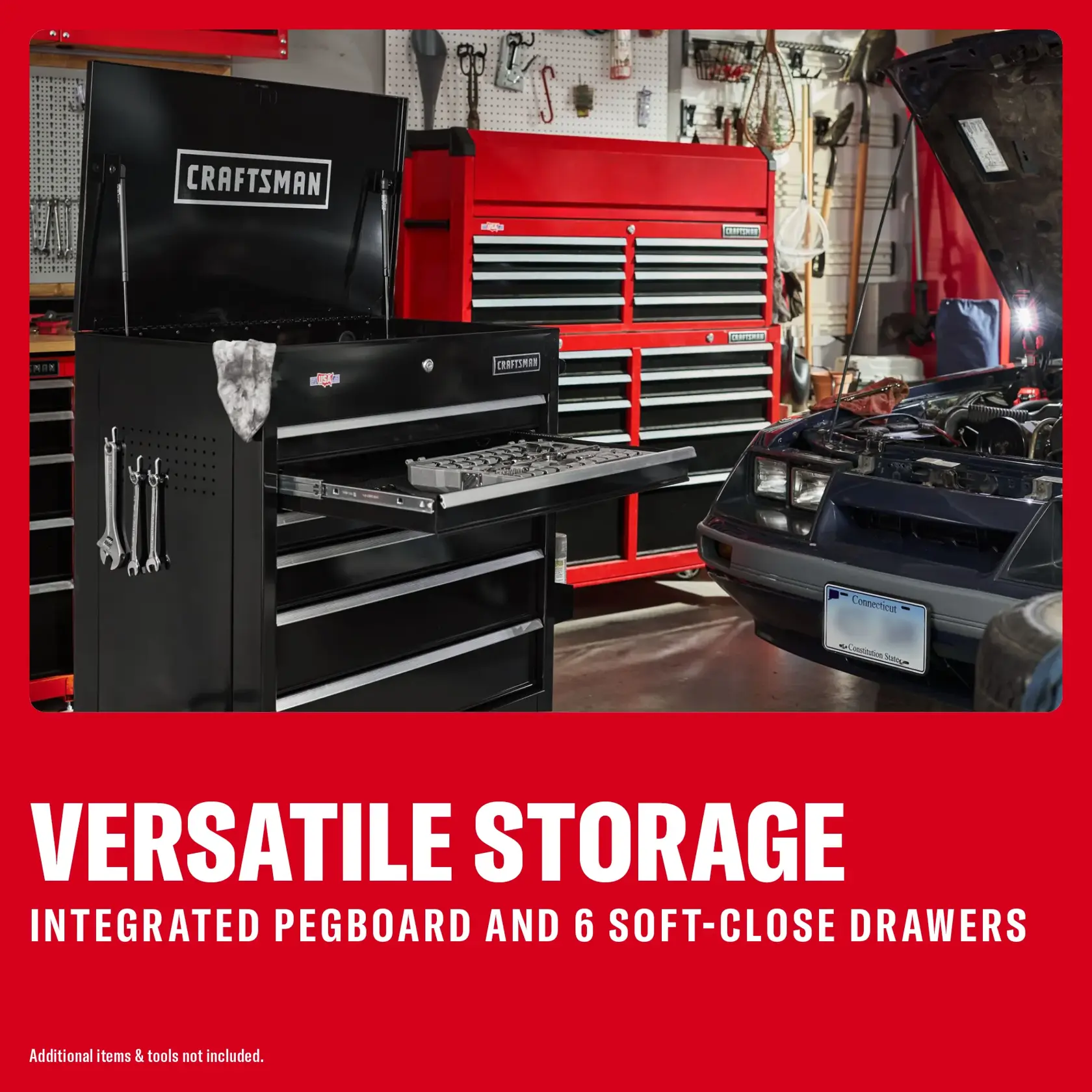 Craftsman CMSTUC06BK black tool chest with pegboard and 6 soft-close drawers in a garage setting.