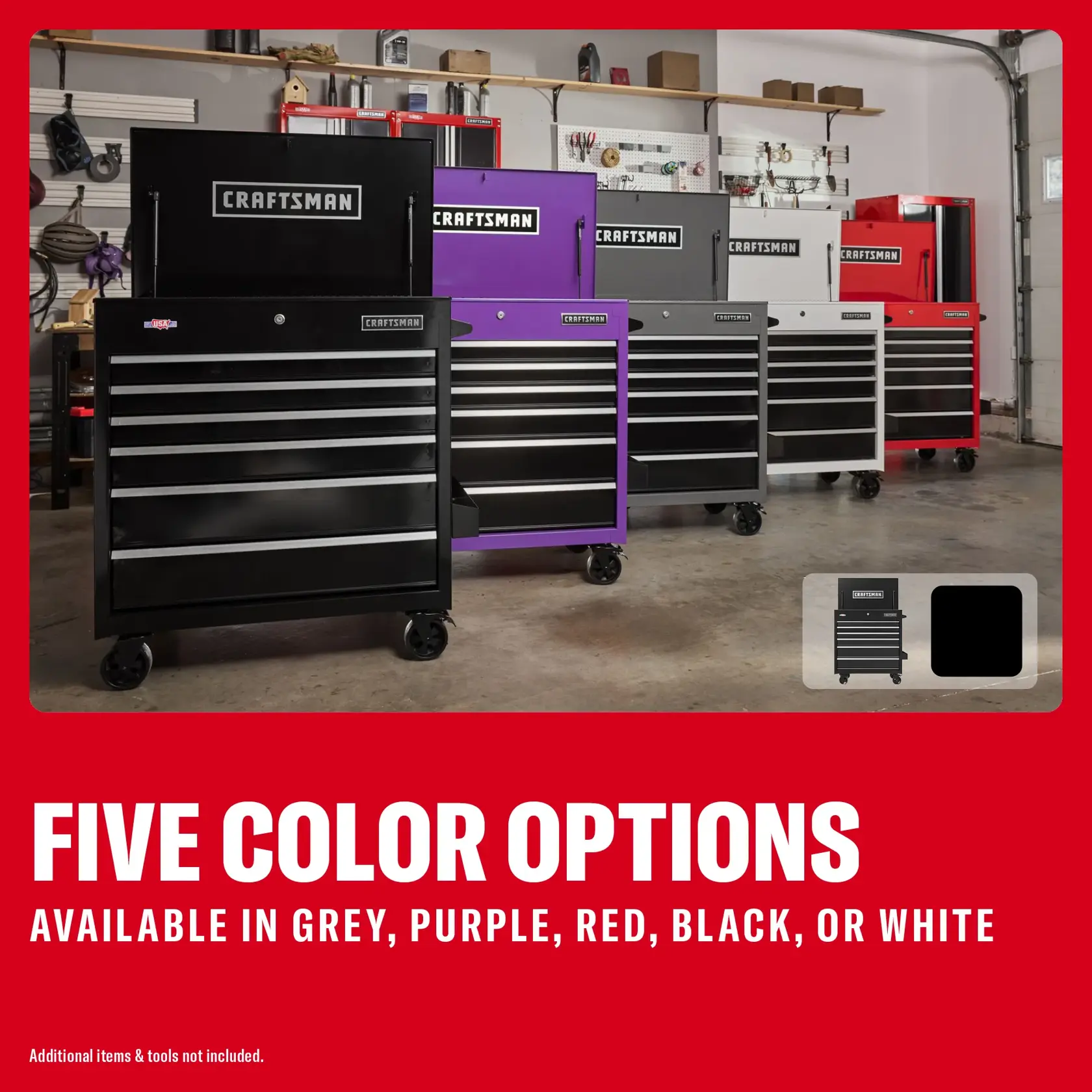 Photo of five Craftsman CMSTUC06BK rolling tool chests in black, purple, grey, red, and white, shown in a garage.