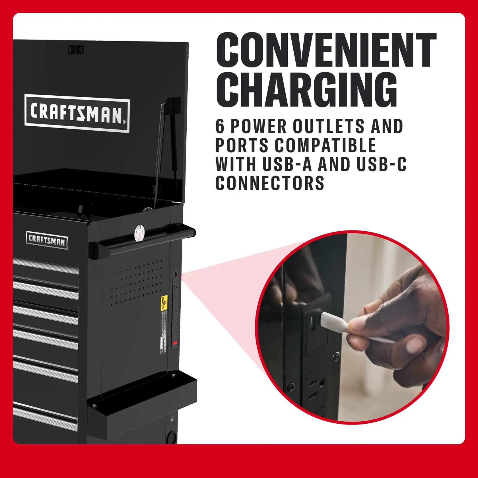 Craftsman graphics showing tool chest CMSTUC06BK with six power outlets, USB-A and USB-C charging ports, angled view.