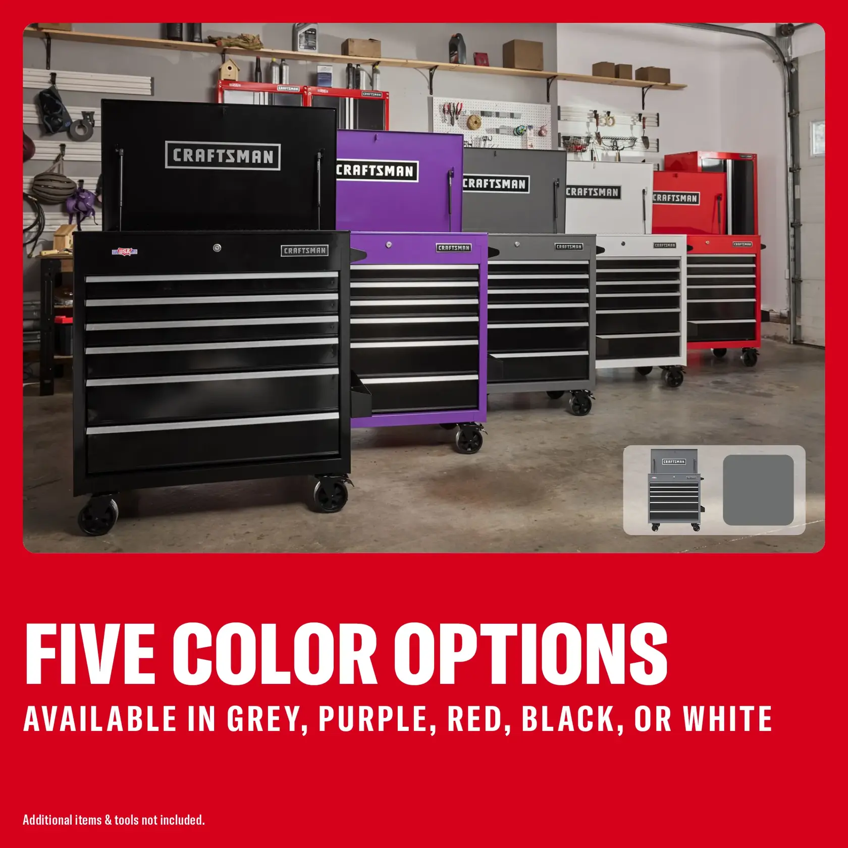 Photo of Craftsman tool chests CMSTUC06GB in black, purple, grey, red, and white finishes, in a garage setting.