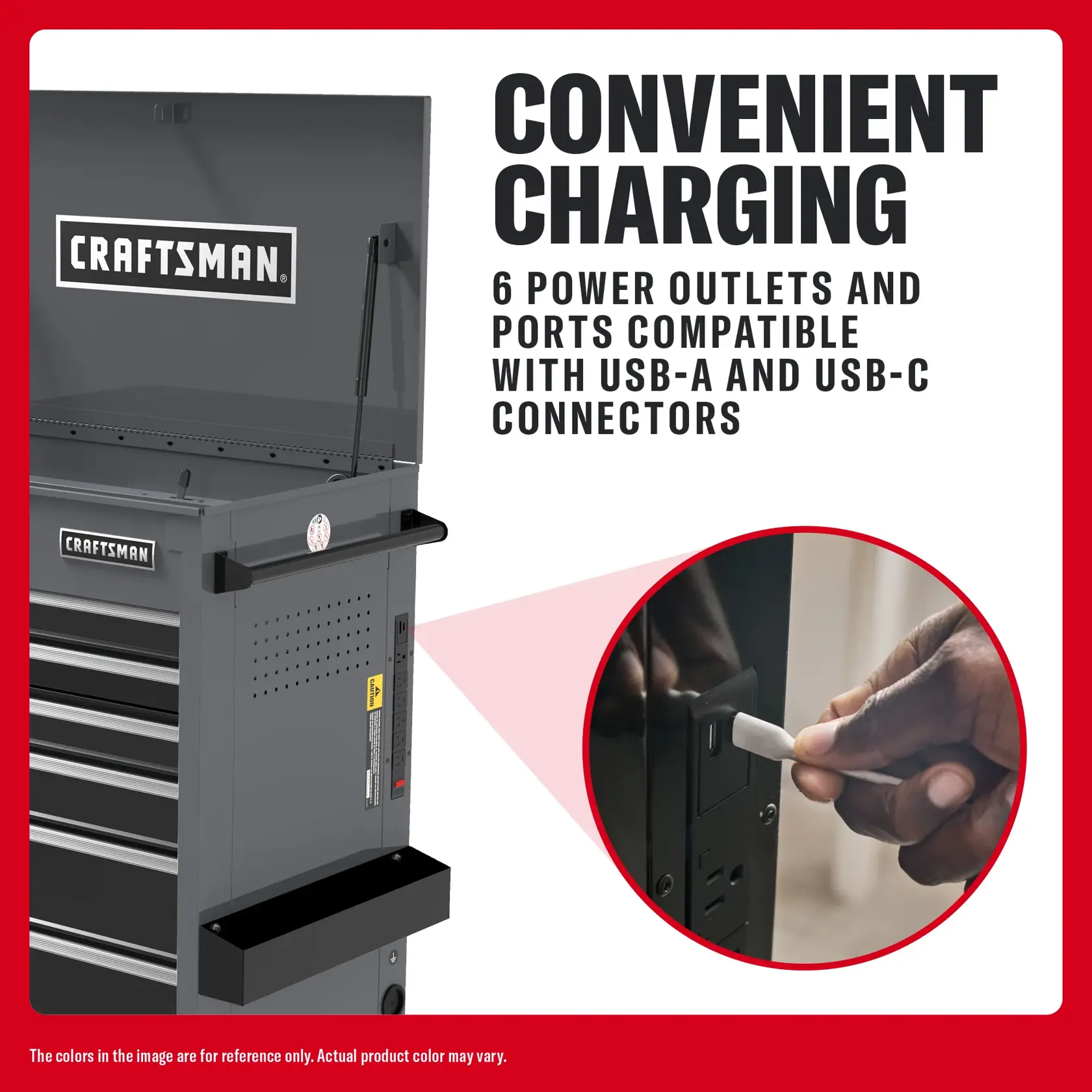Photo of Craftsman graphics CMSTUC06GB featuring 6 power outlets with USB-A and USB-C ports on grey tool chest.