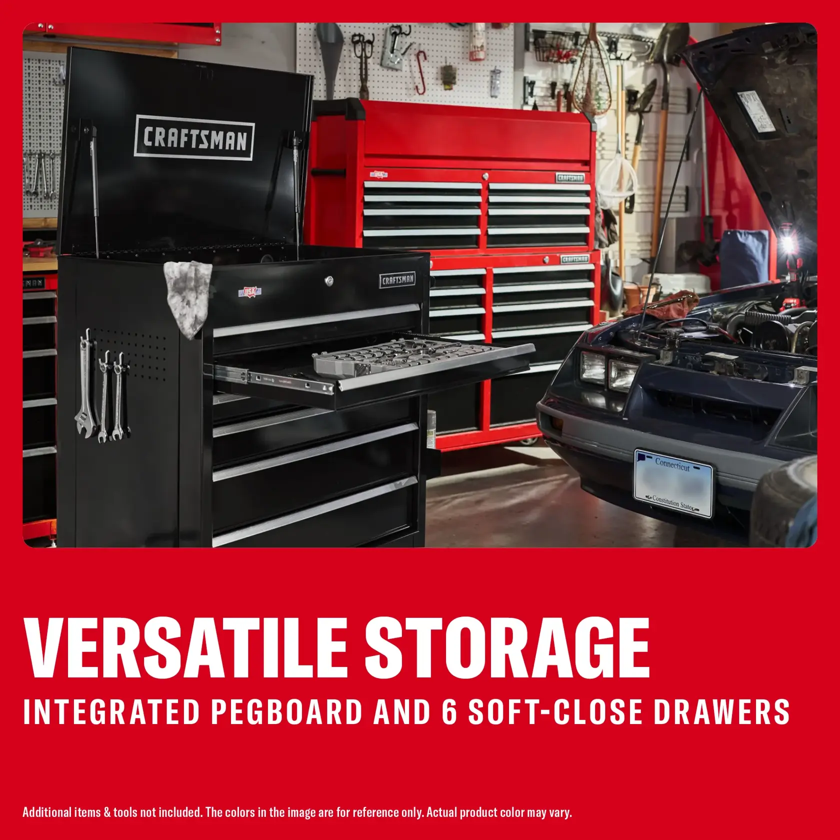 Photo of Craftsman black tool chest with open soft-close drawer and pegboard, SKU CMSTUC06RB, in a garage setting.