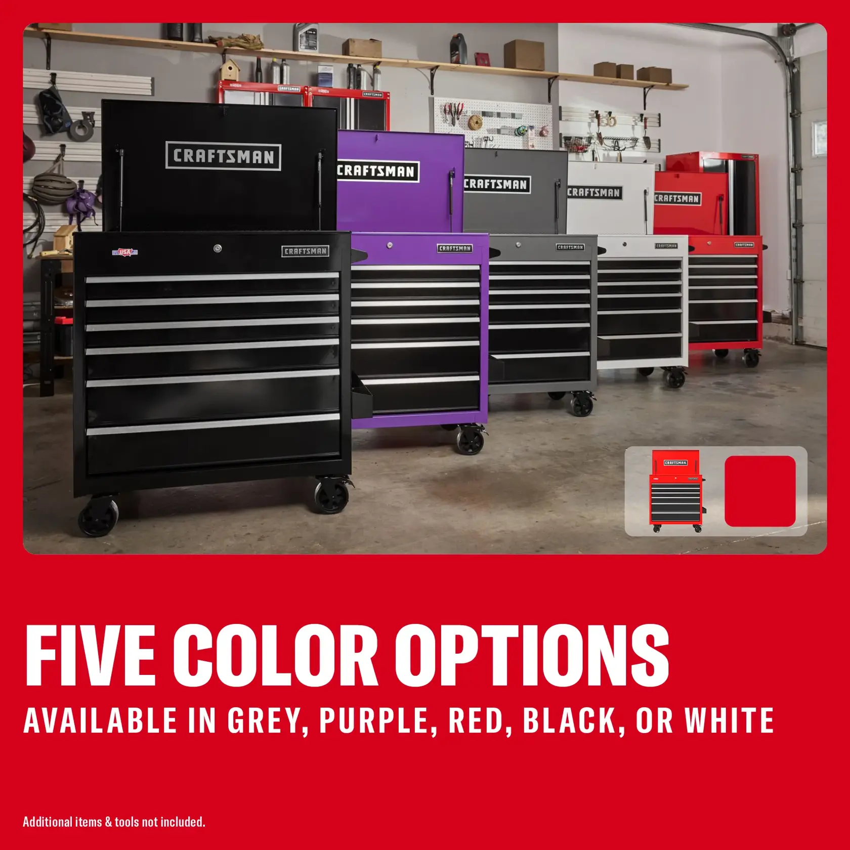 Craftsman CMSTUC06RB rolling tool chest in black, purple, grey, white, and red, garage setting.