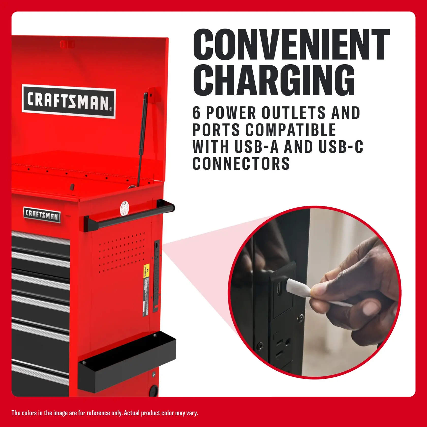 Craftsman red tool chest CMSTUC06RB with open lid, power outlets, USB-A and USB-C ports, partial front angle.