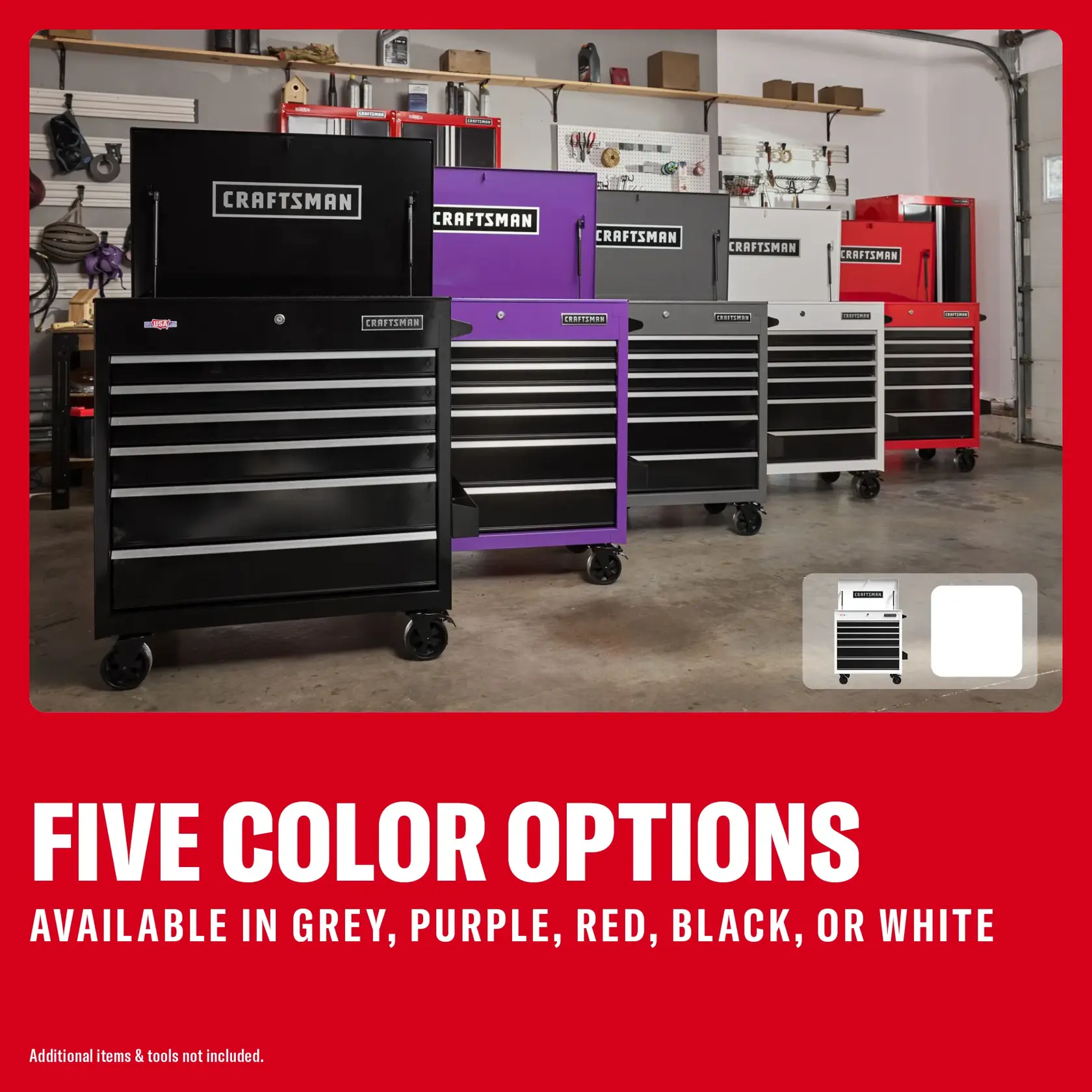 Photo of five CRAFTSMAN tool cabinets CMSTUC06WB in black, purple, grey, white, and red in a garage setting.