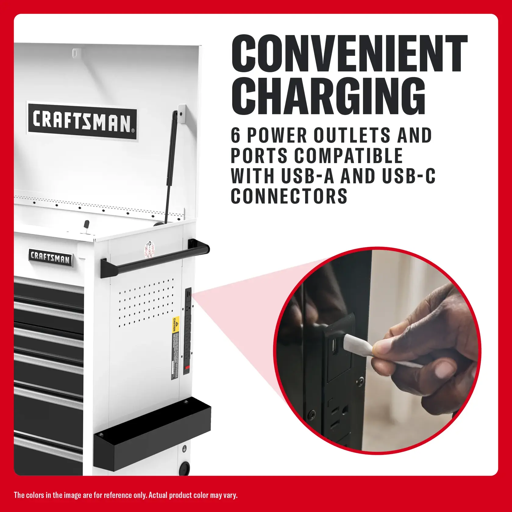 Photo of Craftsman tool chest CMSTUC06WB with charging ports, USB-A and USB-C connectors, front angle.