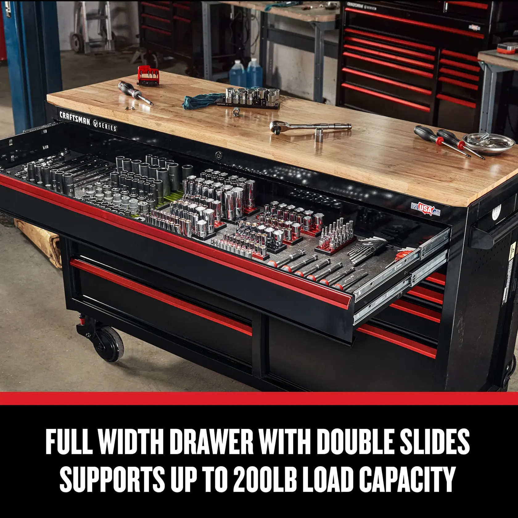 CRAFTSMAN 63" Workstation with full width drawer feature highlight