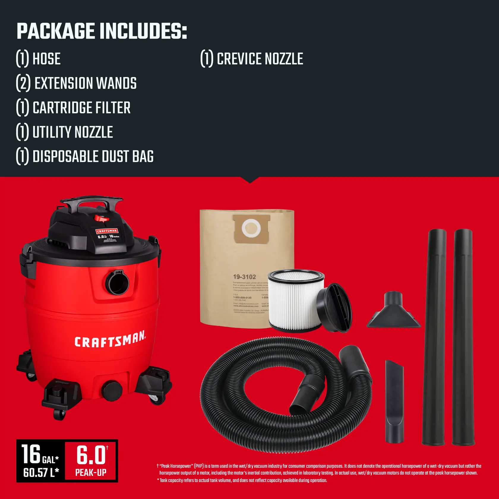 16-Gallon 6 HP Corded Wet/Dry Shop Vacuum with Accessories Included