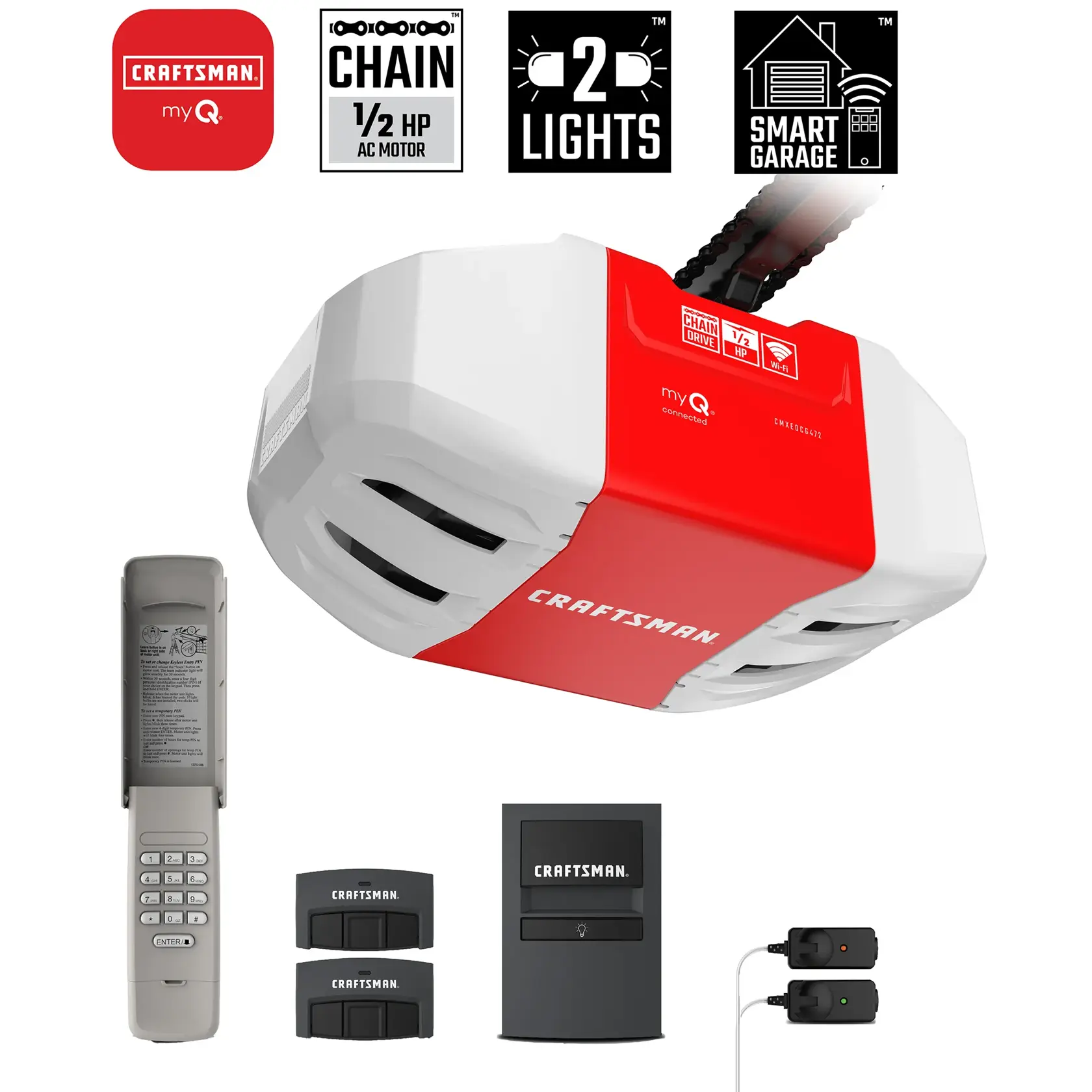 Craftsman 1/2 HP Chain Drive Garage Door Opener myQ App Functionality for Remote Operation 