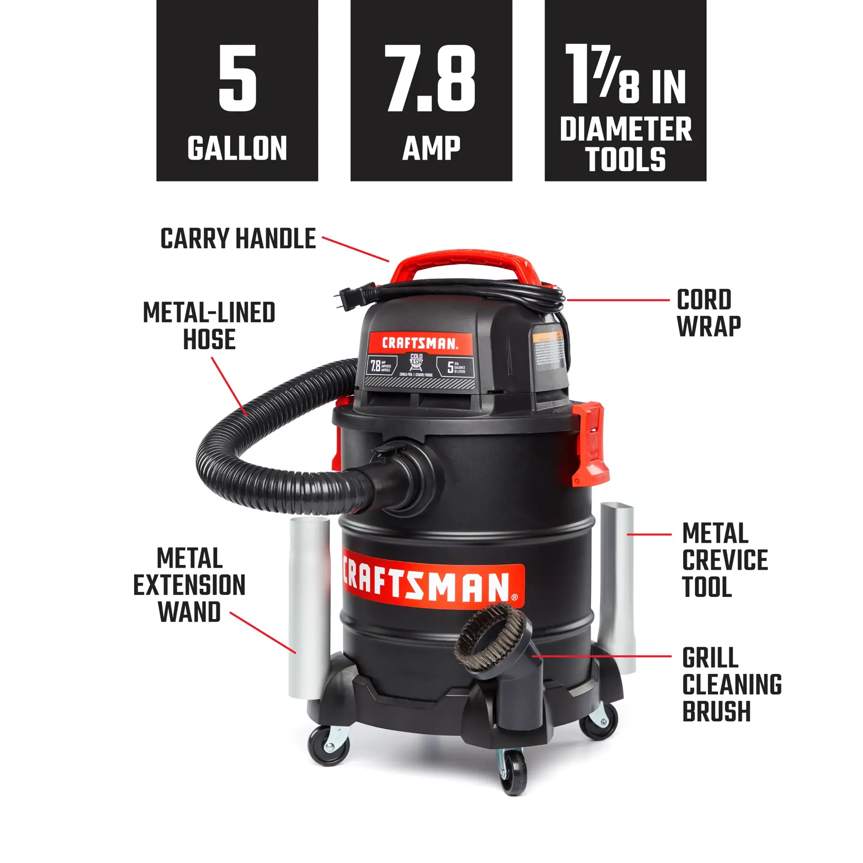 CRAFTSMAN 5-gallon shop vacuum with accessories, labeled features, wheels, and 7.8 amp power rating shown.