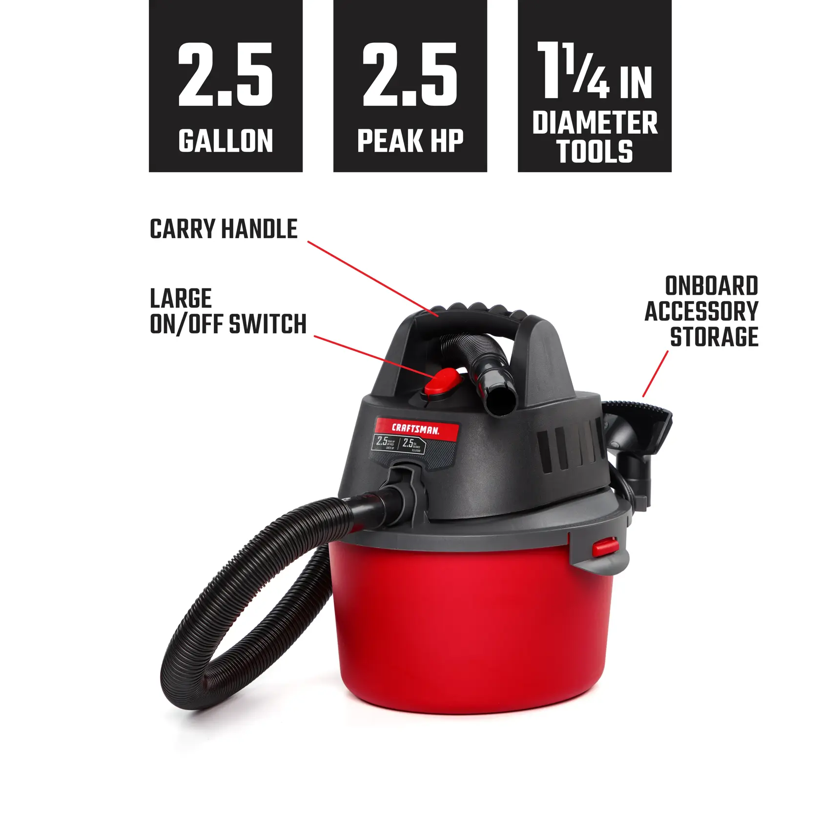 Graphic of CRAFTSMAN Vacuums: Wet/Dry Shop Vac highlighting product features