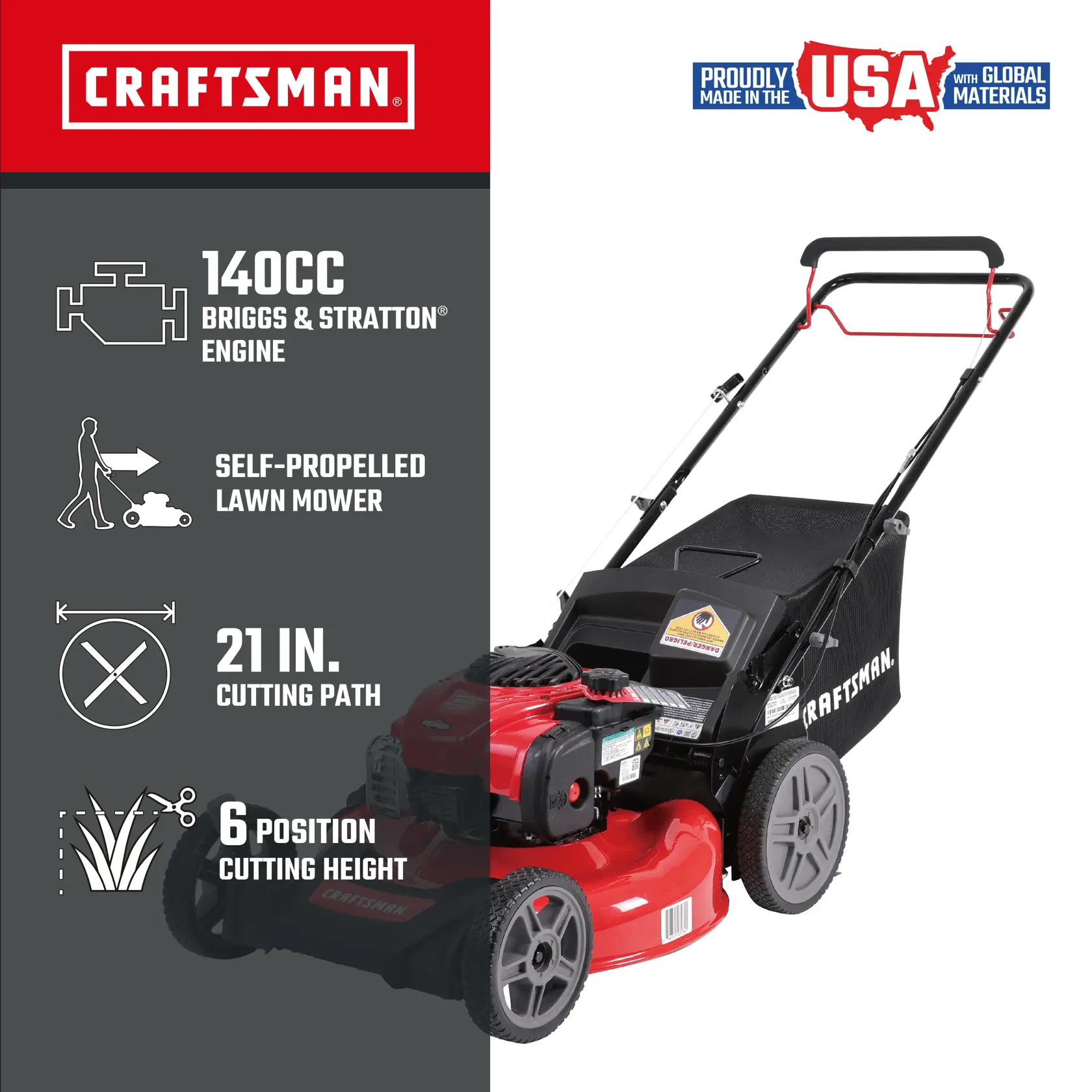 A CRAFTSMAN branded self-propelled lawn mower featuring a 140cc Briggs & Stratton engine. The mower has a 21-inch cutting path and offers six positions for cutting height. It is proudly made in the USA with global materials and has a black and red design.