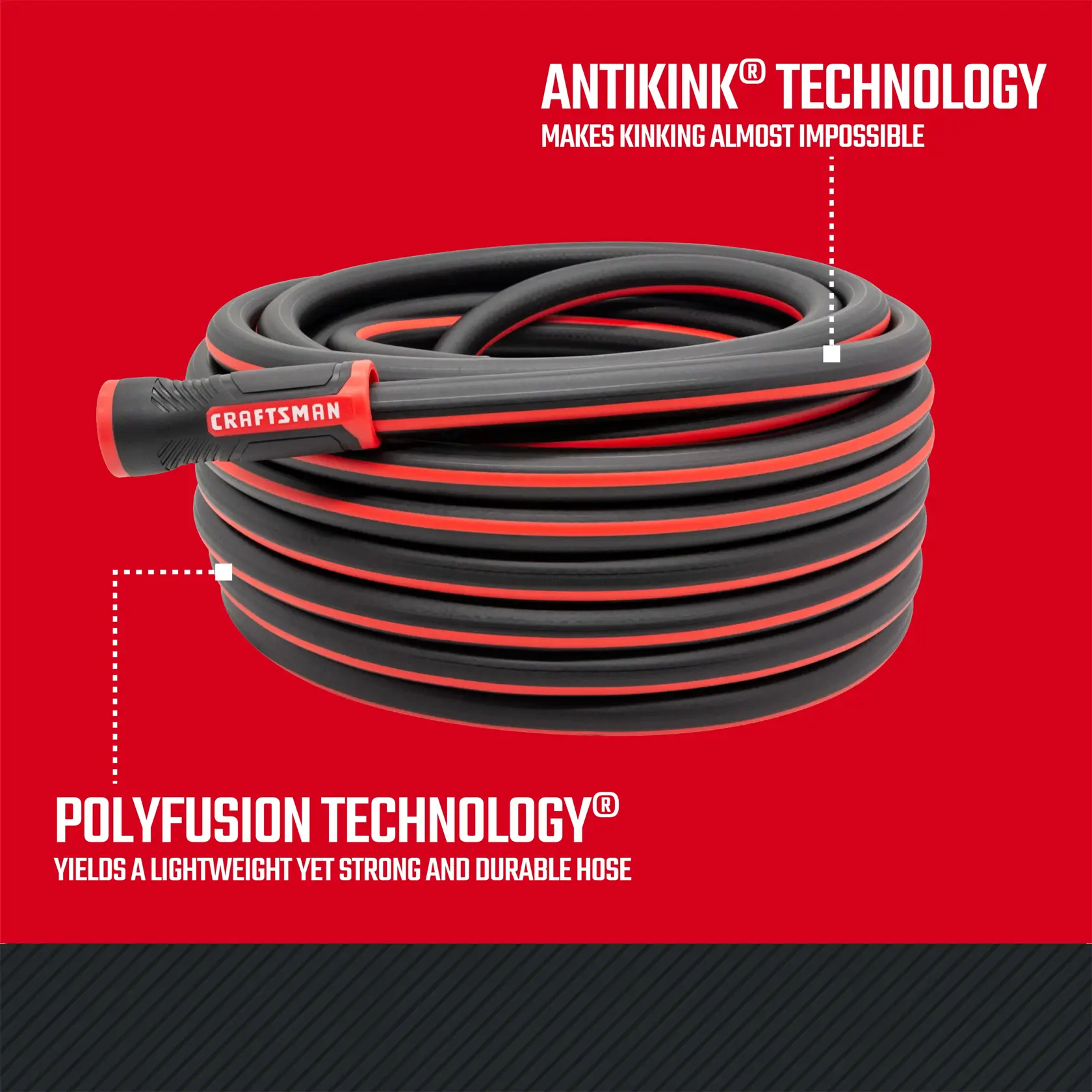 Black and red coiled craftsman professional-grade water hose, 50-foot by 5/8 inch. Featuring antikink and polyfusion technology graphic