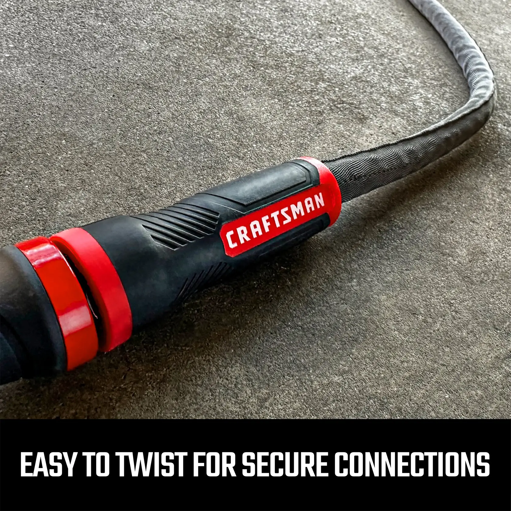 Black and red craftsman heavy-duty fabric hose, 50-foot by 5/8 inch. Featuring easy twist couplings for secure connections graphic
