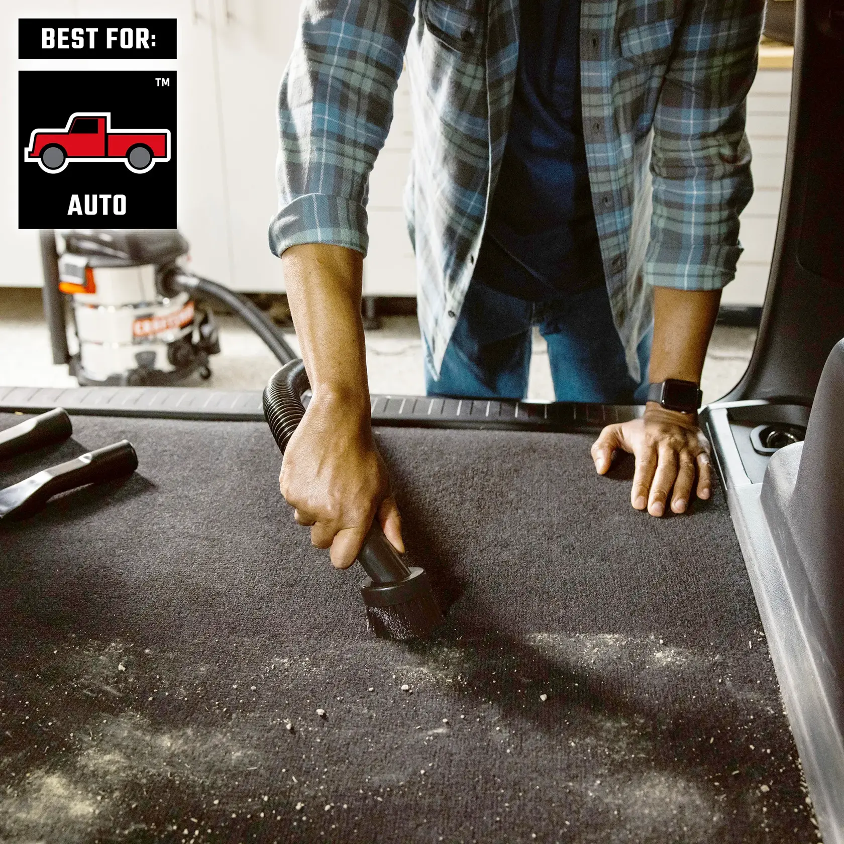 Person using CRAFTSMAN 1-1/4 inch Dusting Brush Wet/Dry Vac Attachment to clean car interior