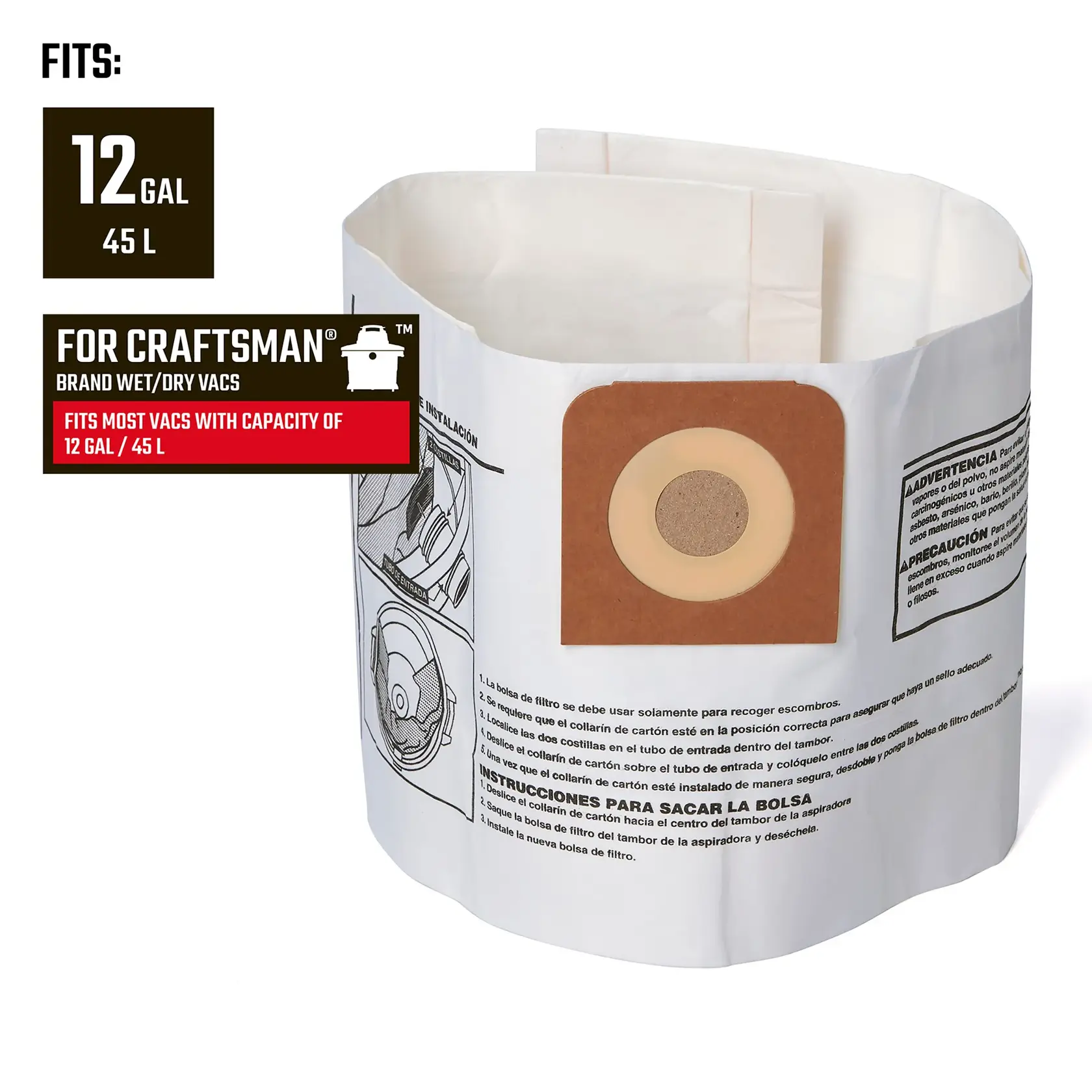 Right facing CRAFTSMAN 12 Gallon Fine Dust/Drywall Dust Collection Bags and dimension specifications