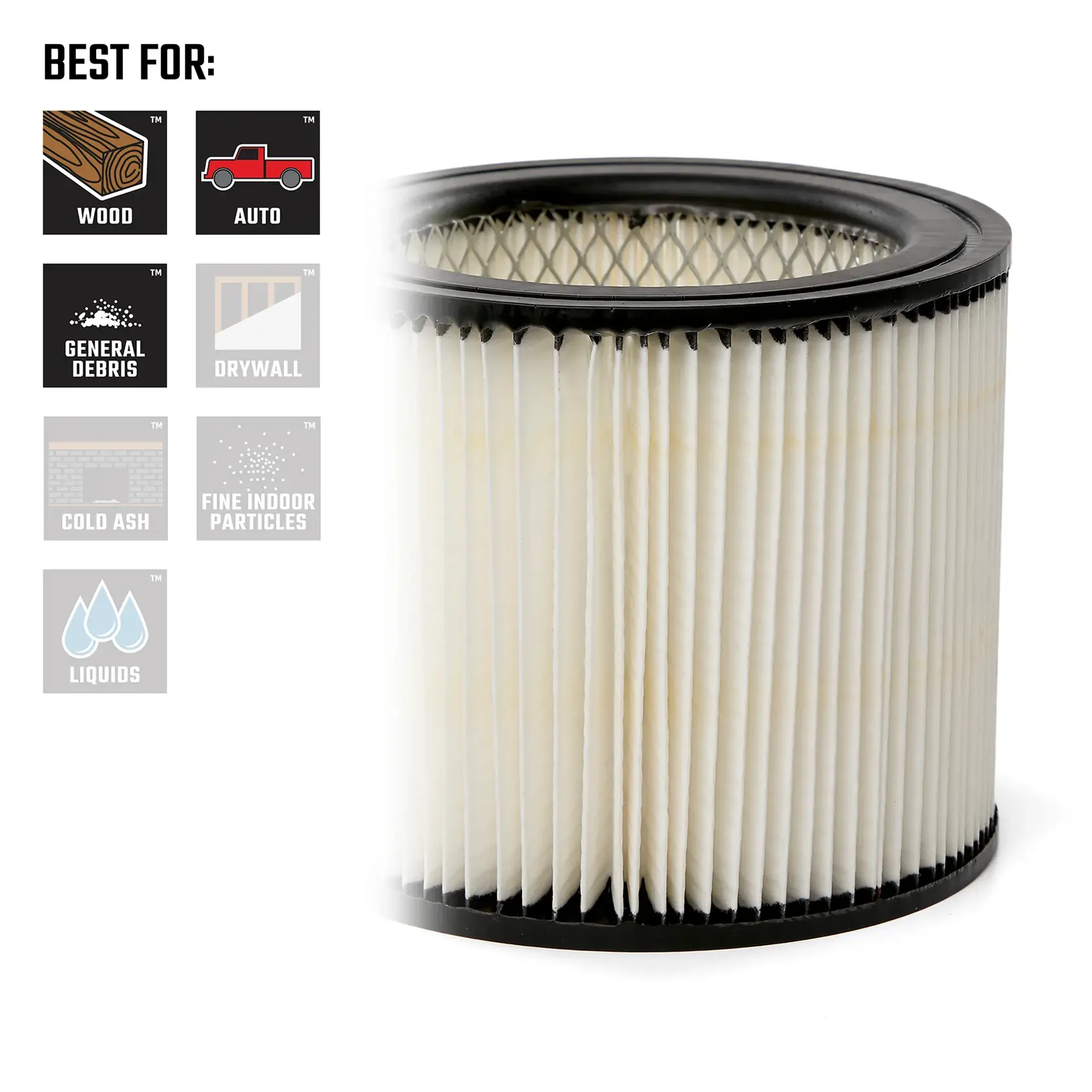 Side of Standard Cartridge Filter illustrating compatibility with Most Shop-Vac Brand Vacuums