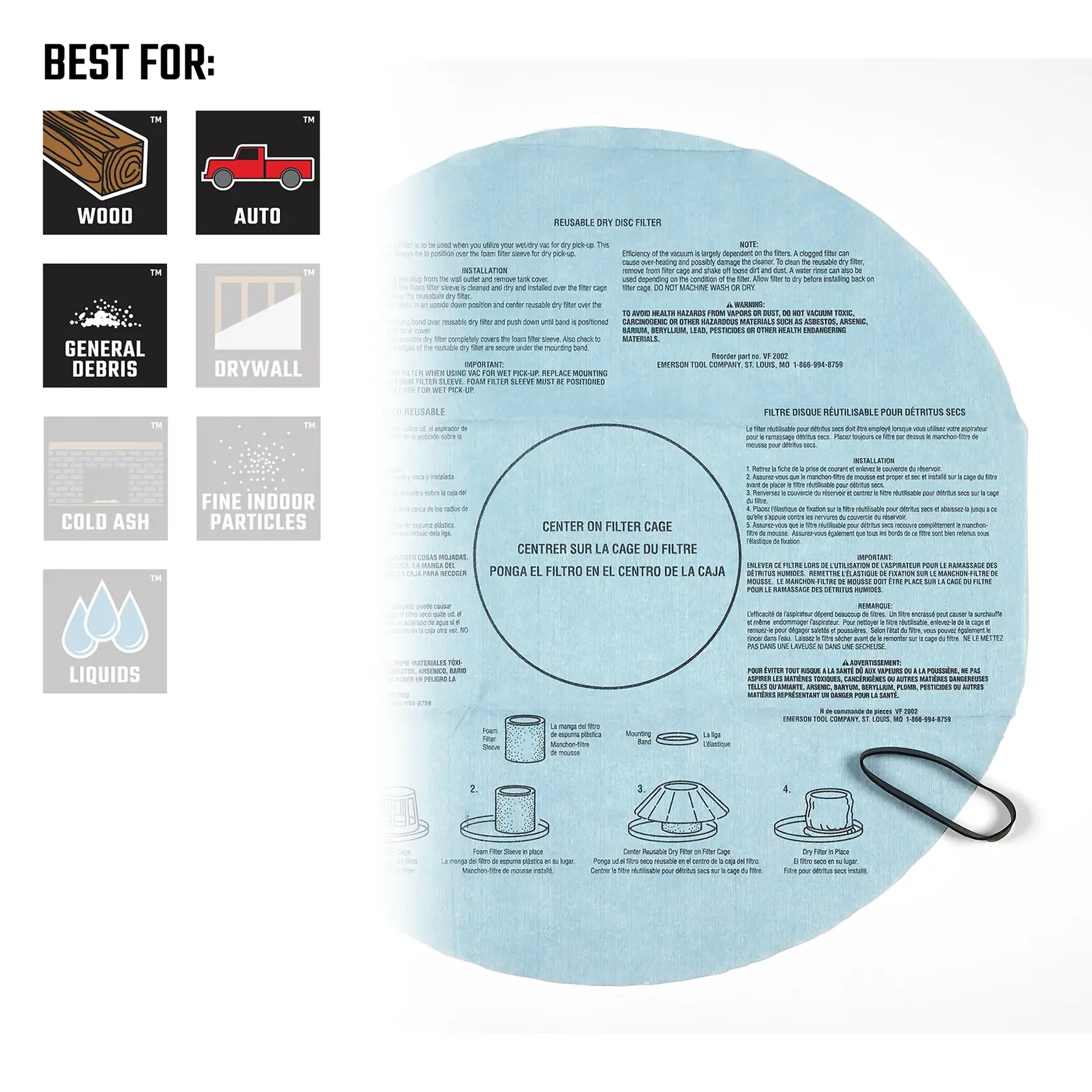 Flat view of dry filter illustrating debris types compatible with replacement dry filter