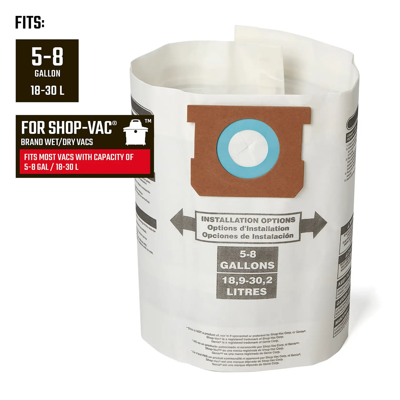 Front of Dust Collection Bag illustrating compatibility with 5-8 gallon Shop-Vac brand vacuums