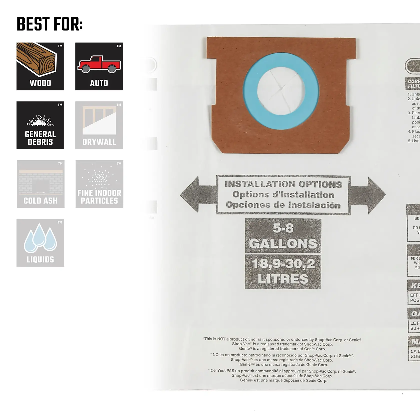 Front view of 5-8 gallon dust bag illustrating debris types compatible with replacement filter bag