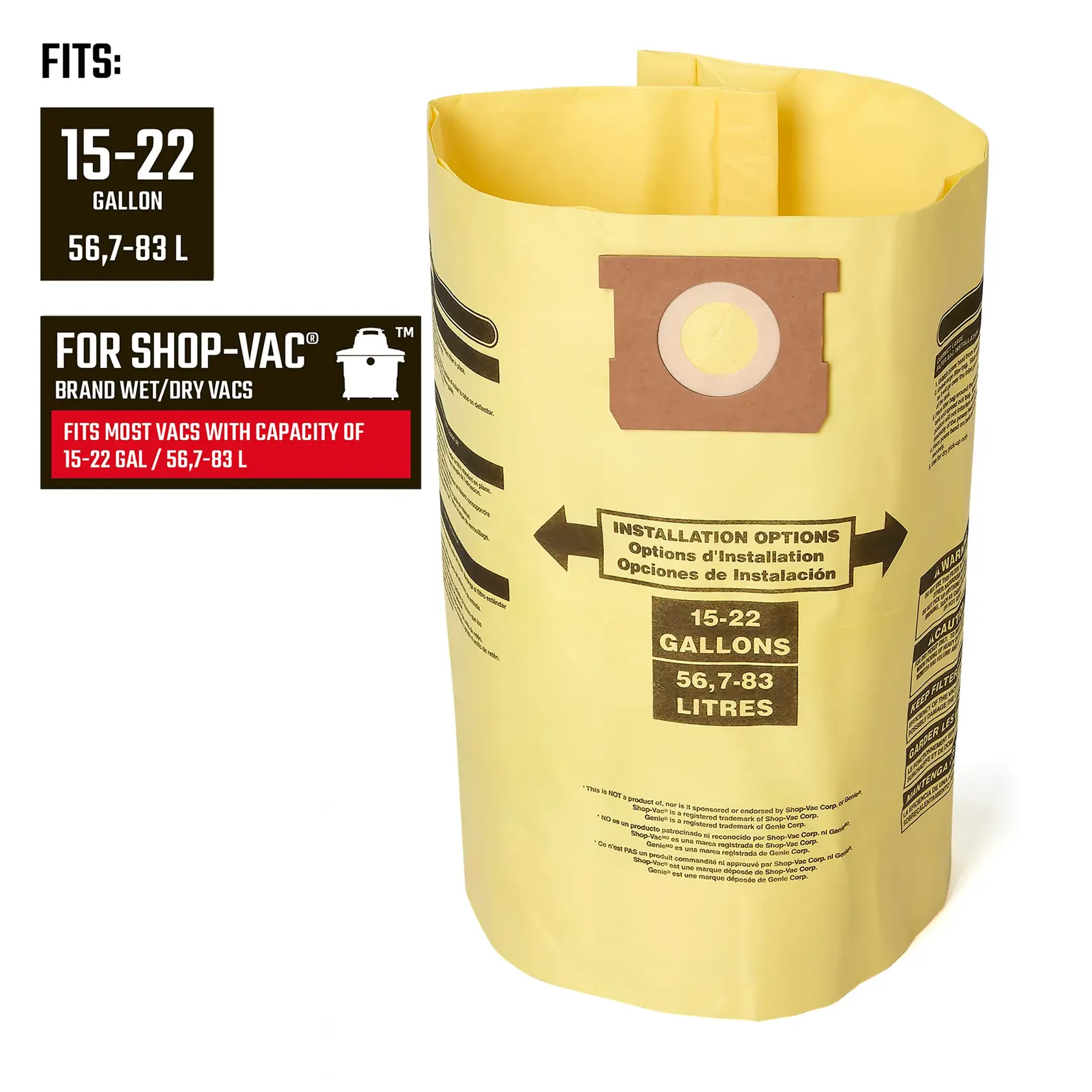 Front of Dust Collection Bag illustrating compatibility with 15-22 gallon Shop-Vac brand vacuums