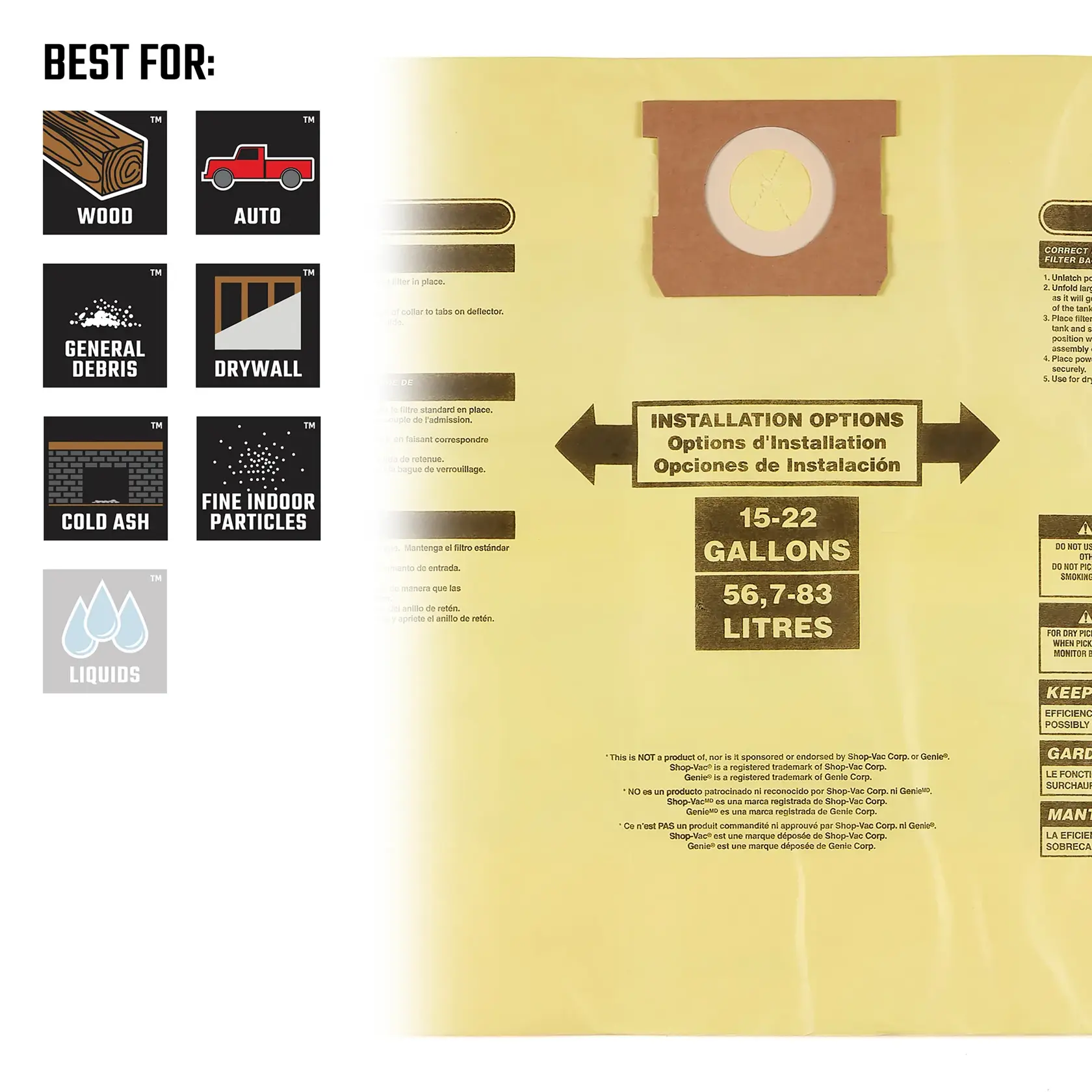 Front view of 15-22 gallon dust bag illustrating debris types compatible with replacement filter bag