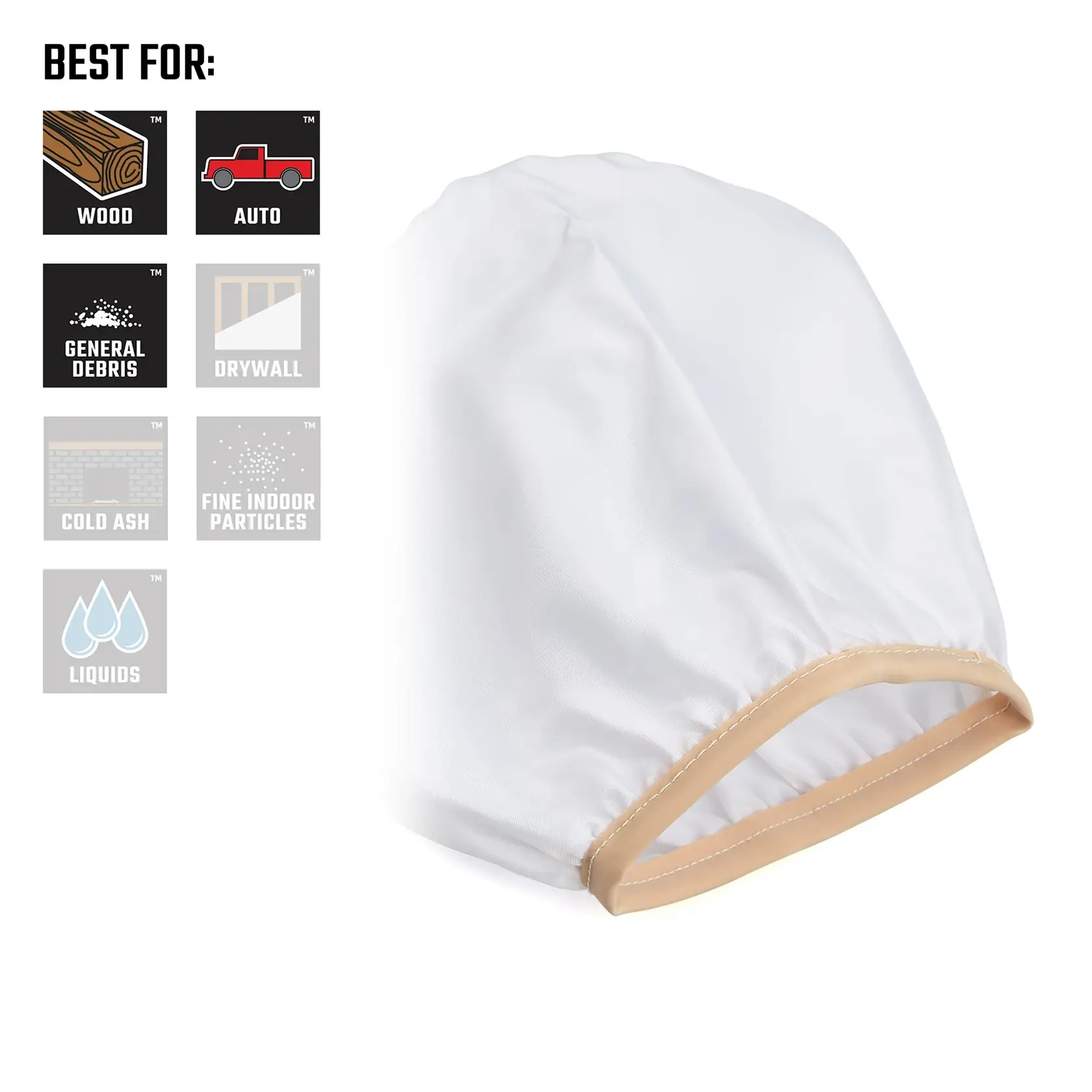 Side view of cloth filter illustrating debris types compatible with replacement cloth filter bag