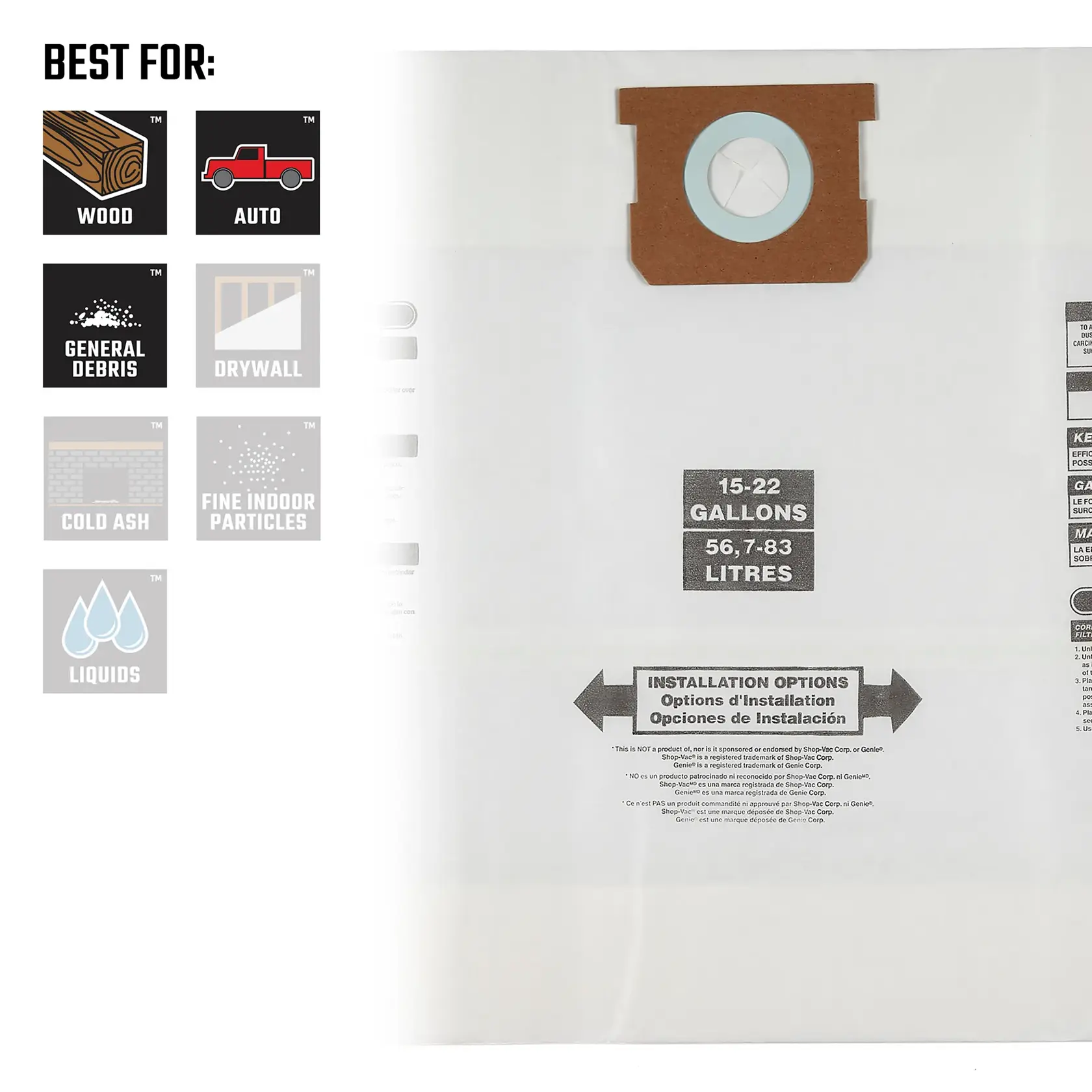 Front view of 15-22 gallon dust bag illustrating debris types compatible with replacement filter bag