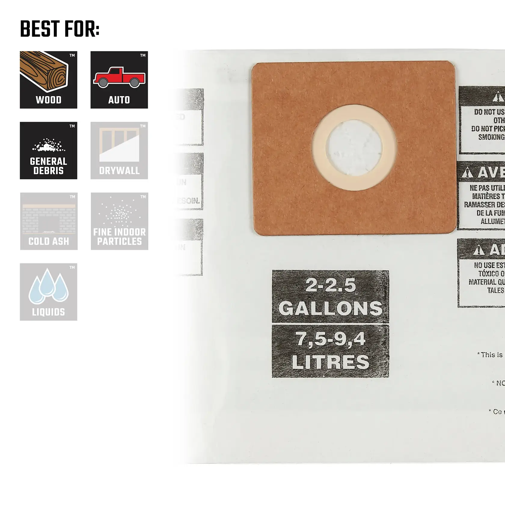 Front view of 2-2.5 gallon dust bag illustrating debris types compatible with replacement filter bag