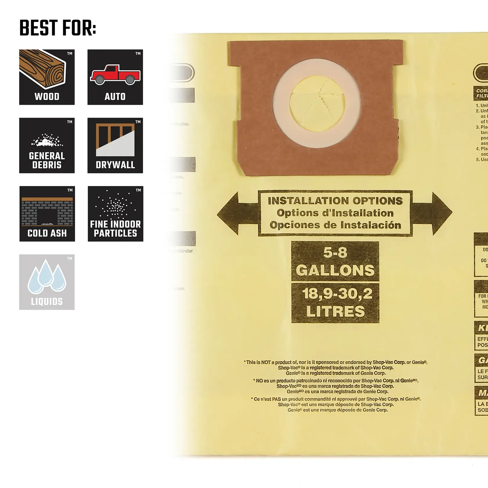 Front view of 5-8 gallon dust bag illustrating debris types compatible with replacement filter bag