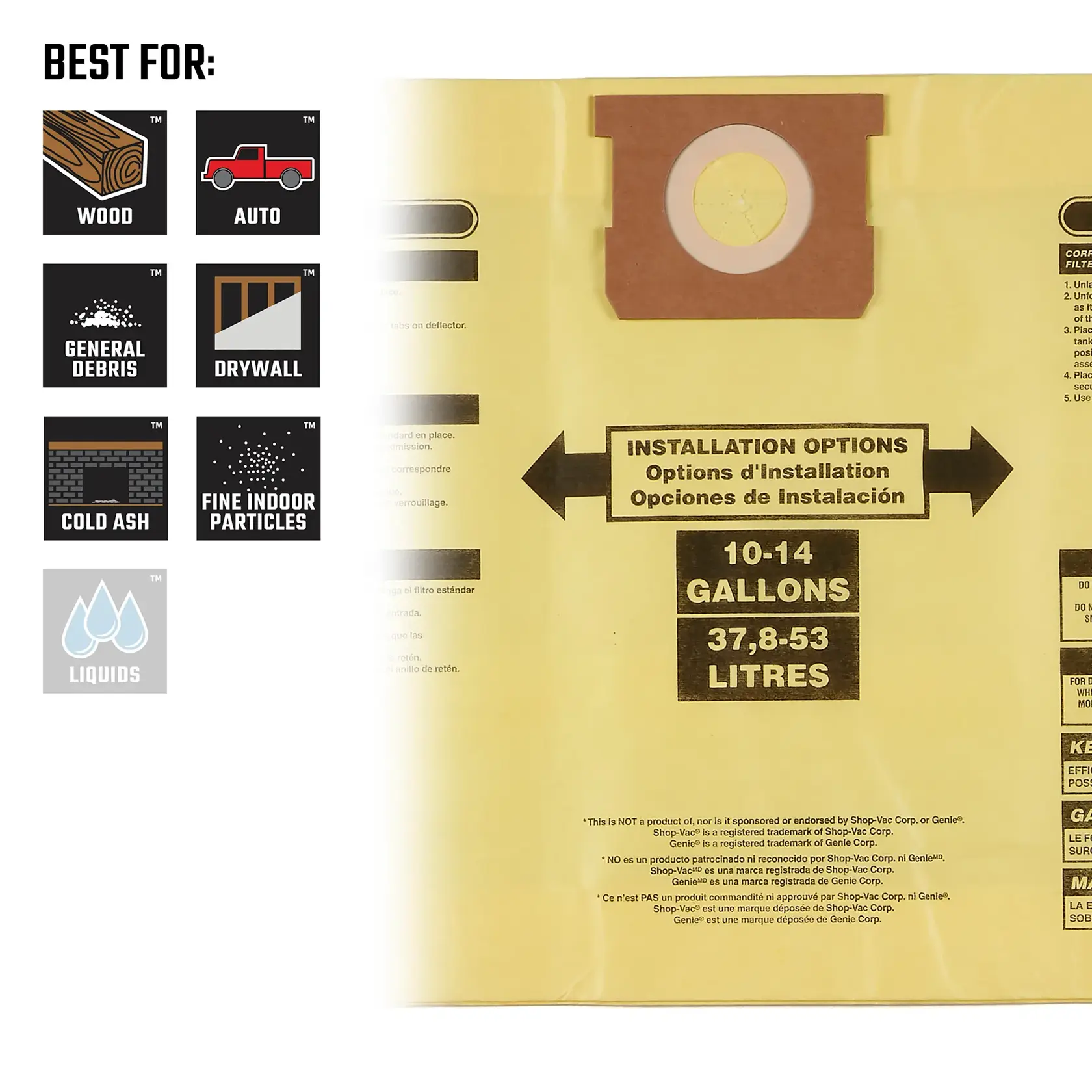 Front view of 10-14 gallon dust bag illustrating debris types compatible with replacement filter bag