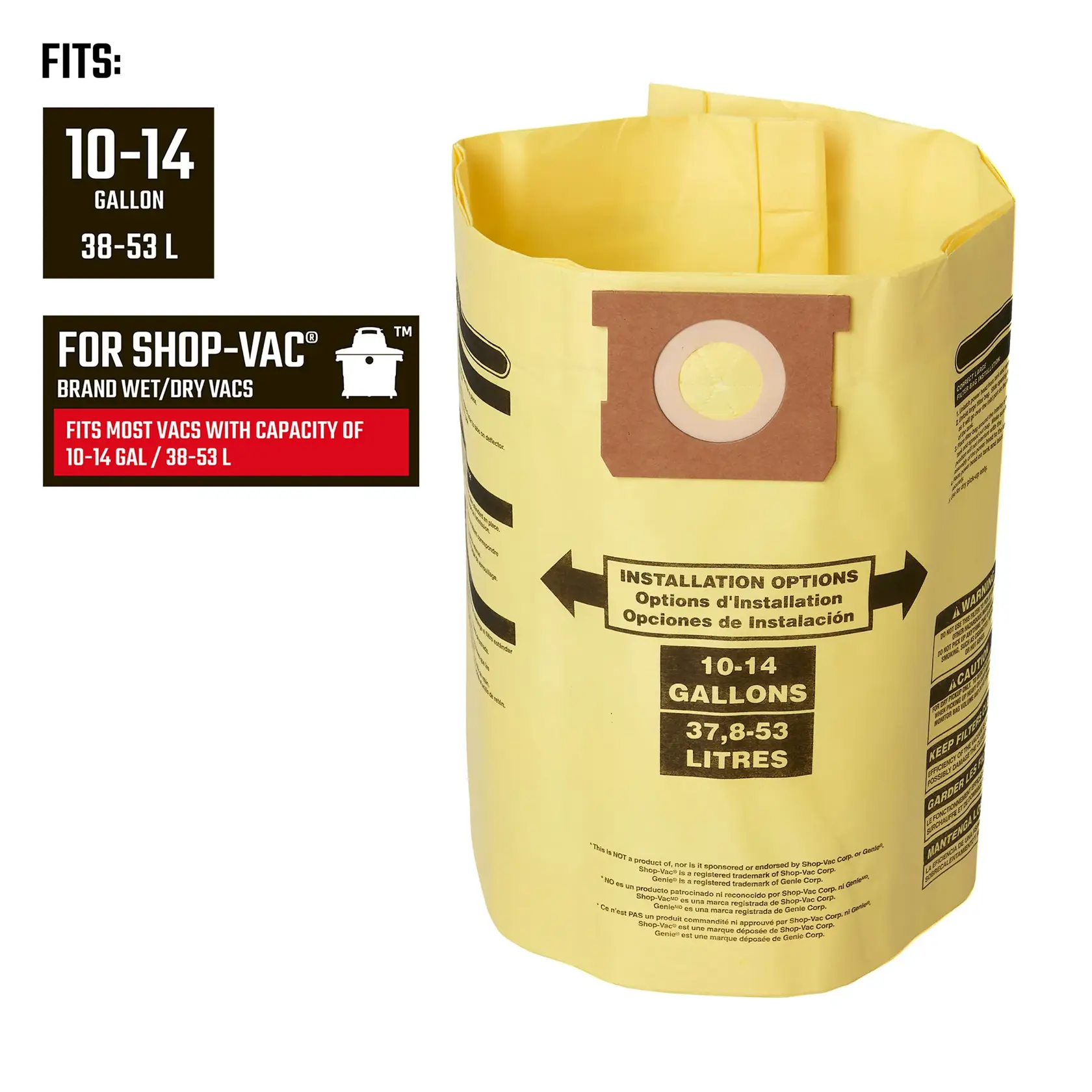 Front of Dust Collection Bag illustrating compatibility with 10-14 gallon Shop-Vac brand vacuums
