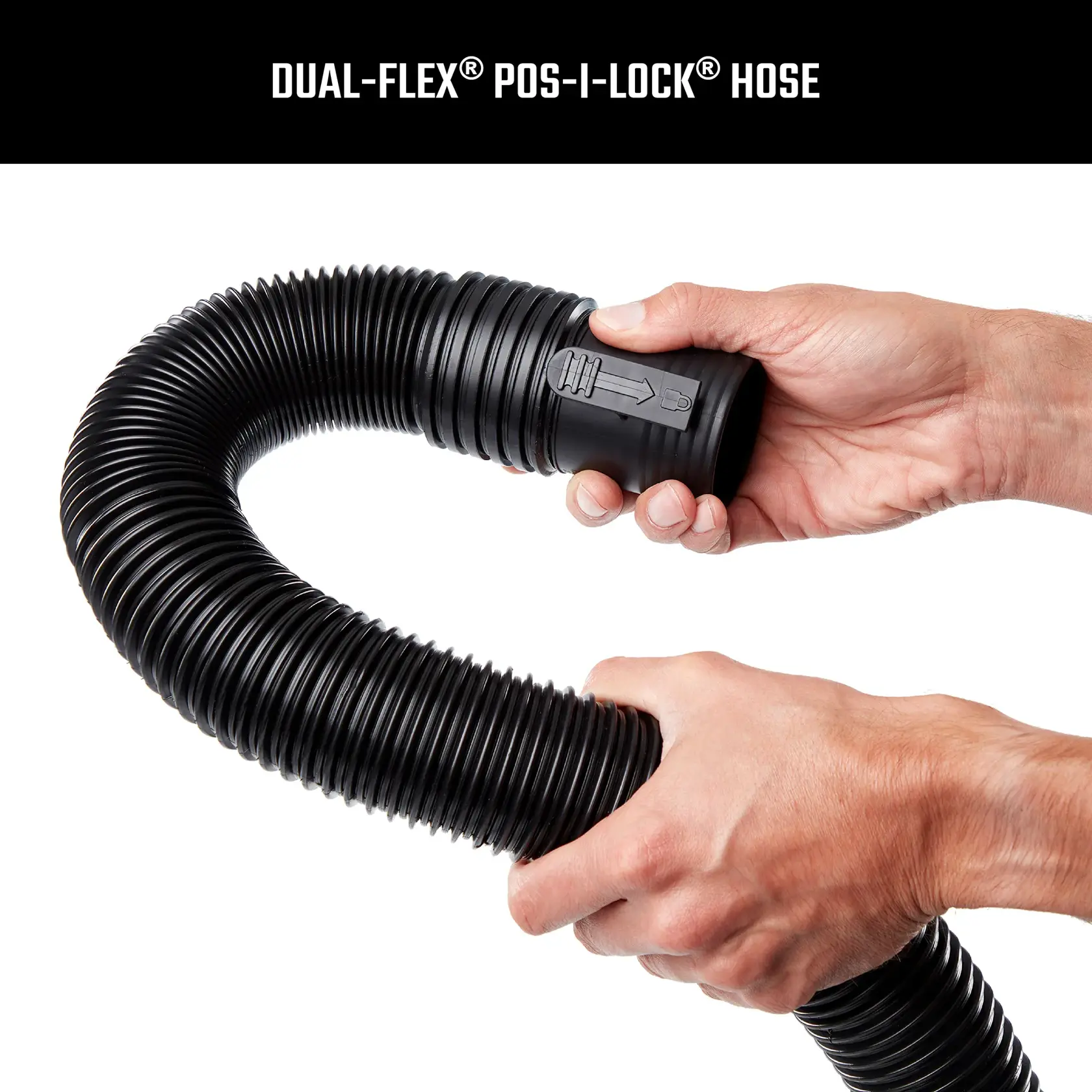 Person illustrating 180 degree DUAL-FLEX capability of 2-1/2 inch locking hose for CRAFTSMAN vac
