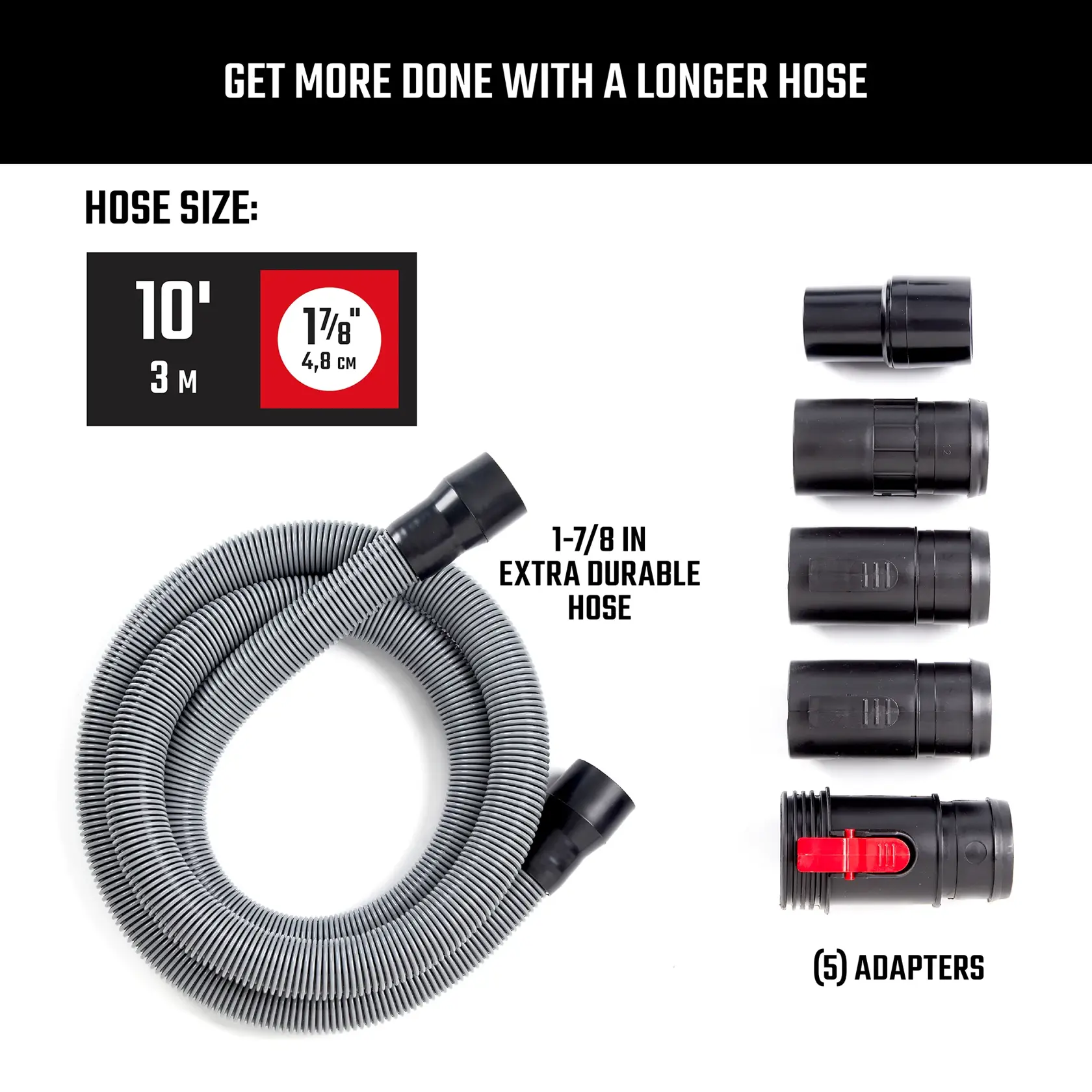 Top view of coiled-up hose with adapters illustrating 1-7/8 inch hose diameter and 10-foot length